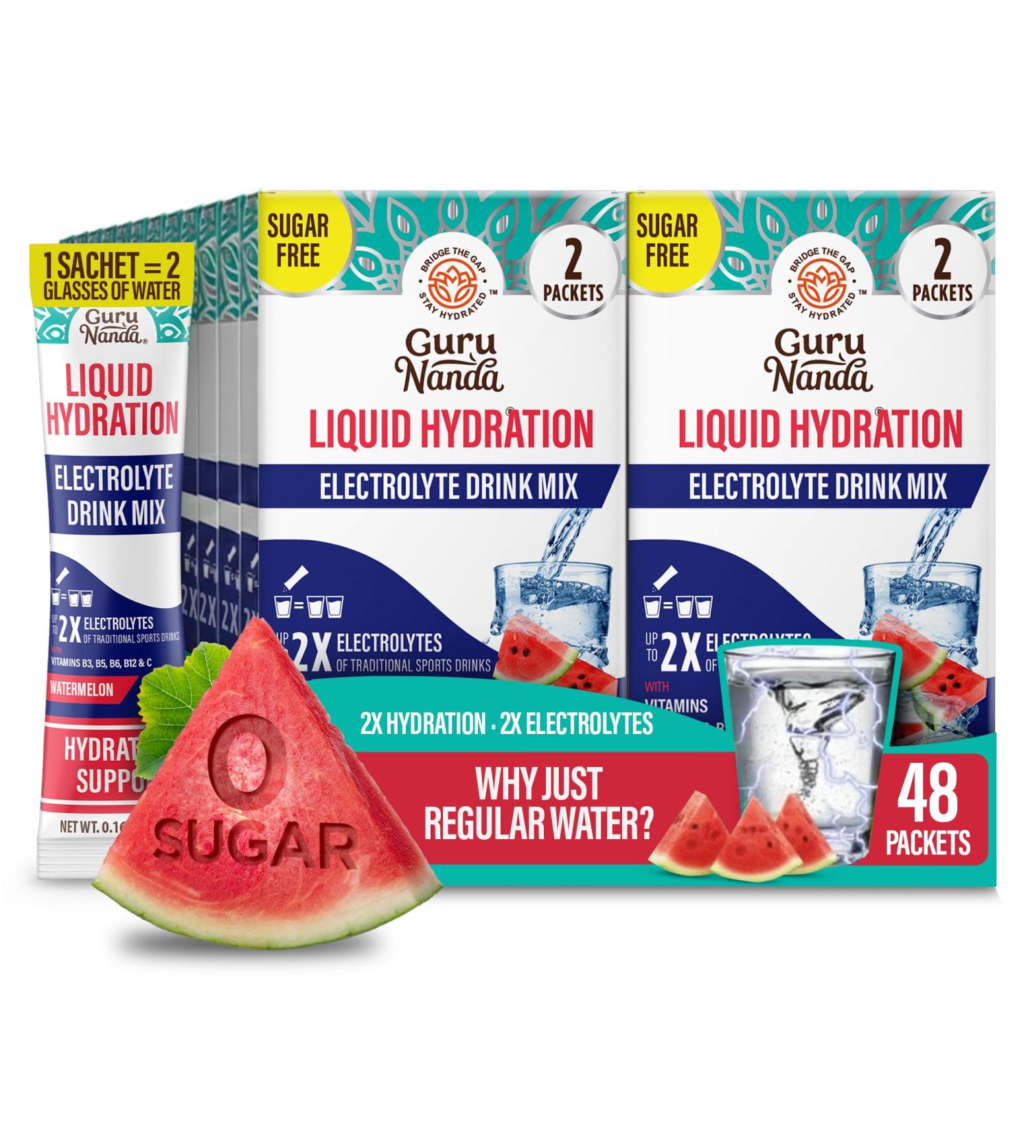 GuruNanda Liquid Hydration Sugar-Free Electrolyte Powder Natural Watermelon Flavor Electrolyte Drink with Vitamins B & C for Dehydration Exercise & Energy Non-GMO 48 Count - Buy Online on GoSupps.com