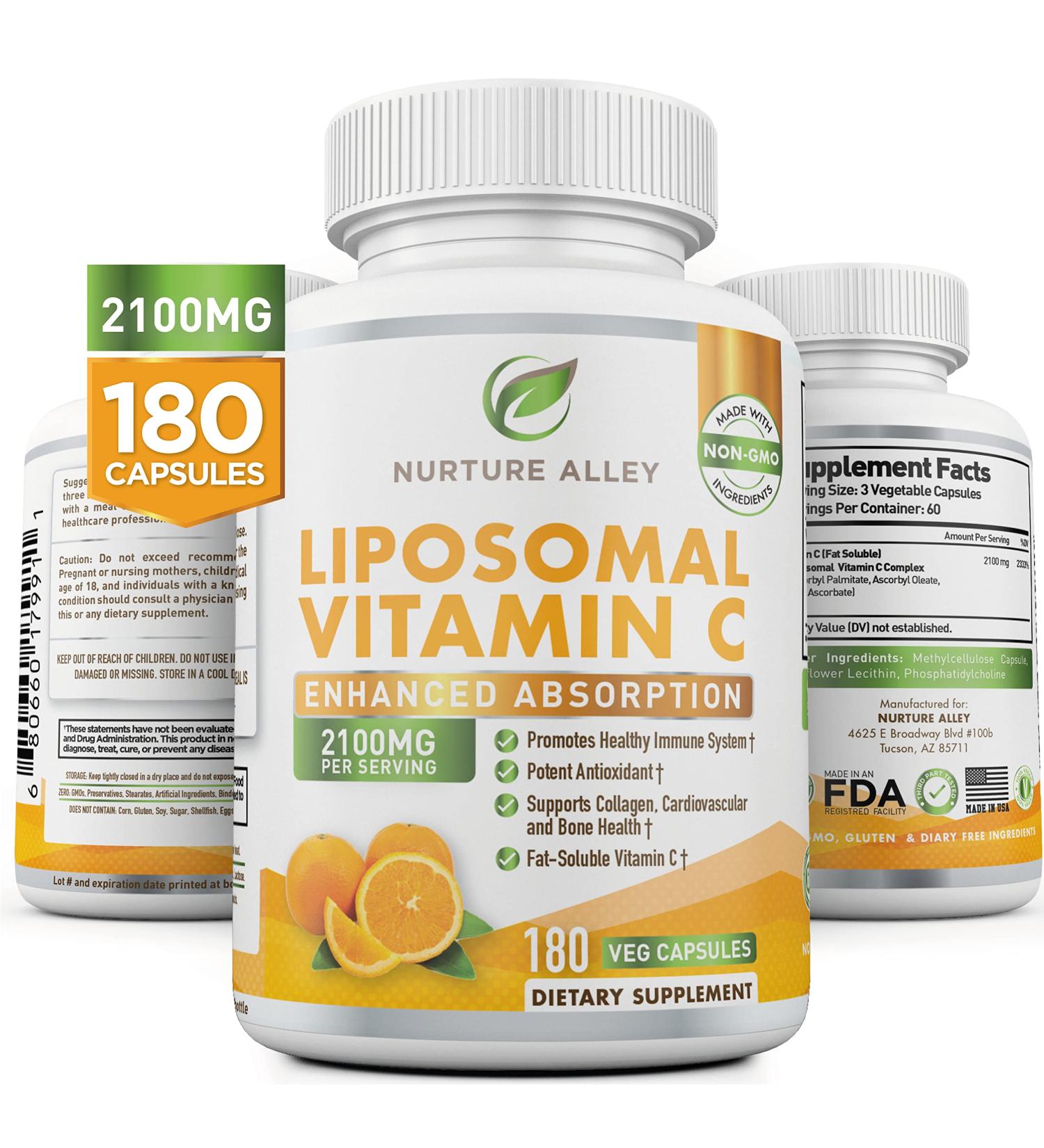 NURTURE ALLEY Liposomal Vitamin C 2100mg- 180 Capsules High Absorption Ascorbic Acid - Supports Immune System and Collagen Booster - Powerful Antioxidant High Dose Fat Soluble Supplement - Buy Online on GoSupps.com