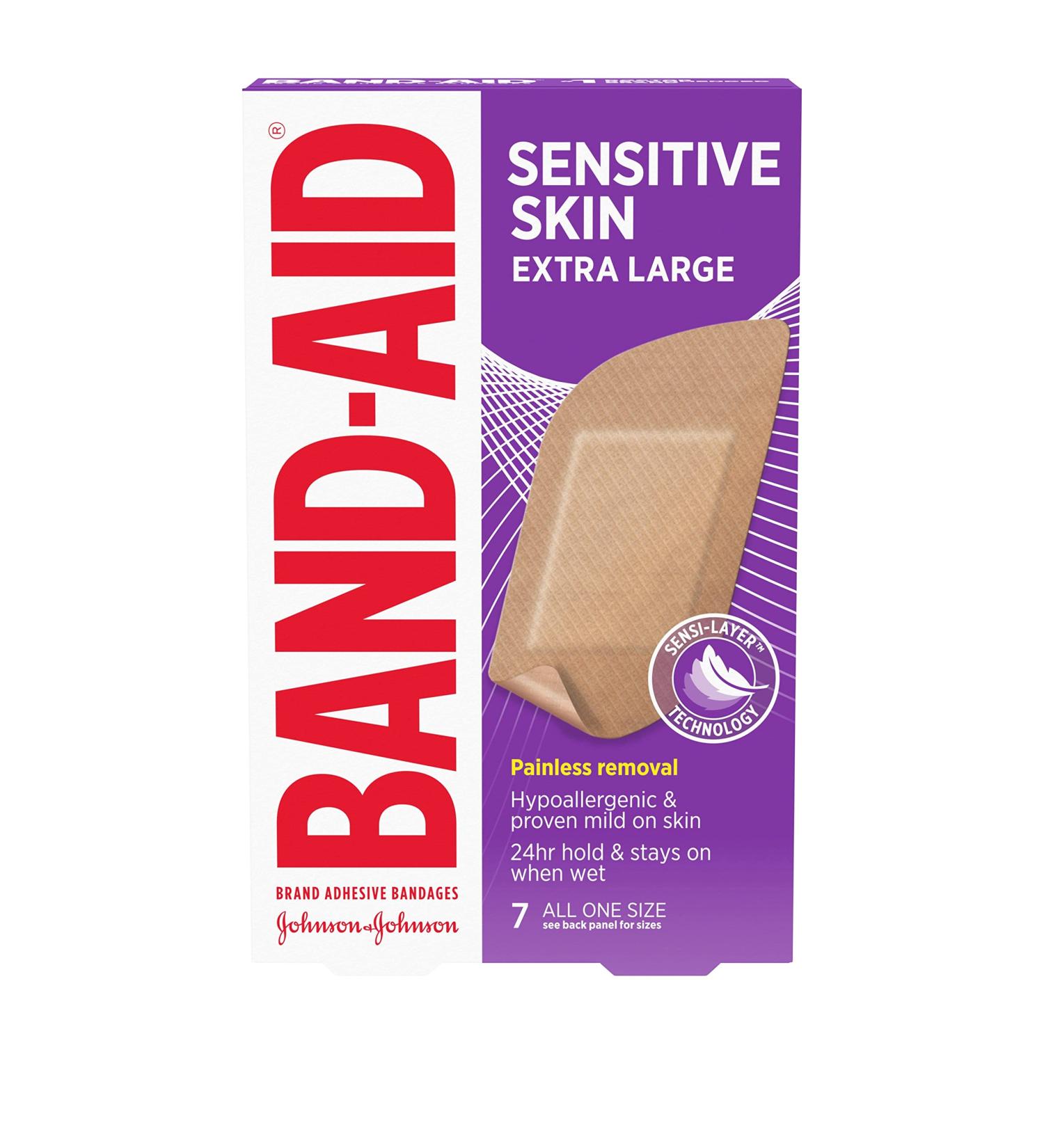 Band-Aid Adhesive Bandages for Sensitive Skin - Hypoallergenic, Extra Large, Sterile (7 ct) - Buy Online on GoSupps.com