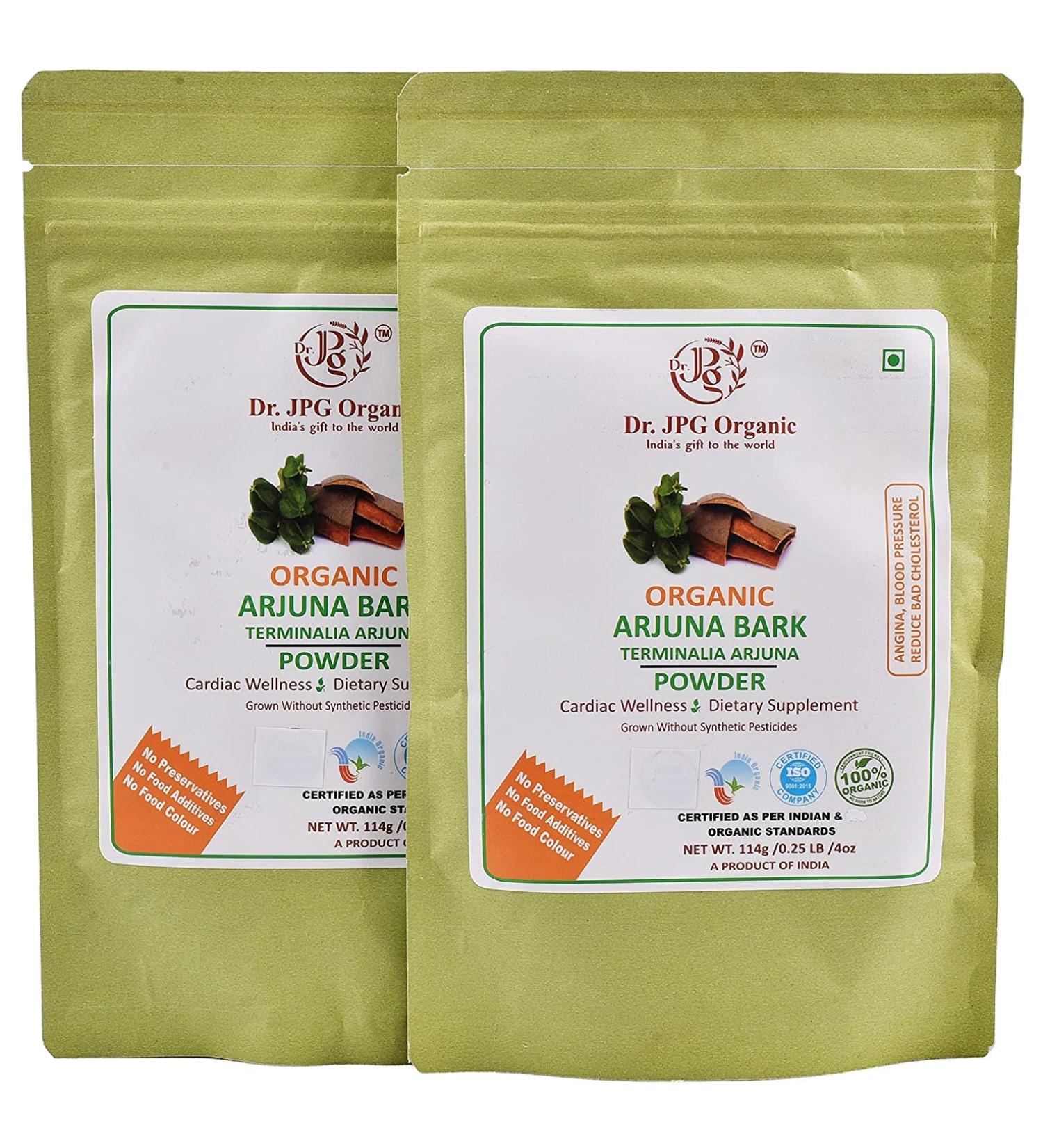 AZAZ Dr. JPG Organic Arjuna Chaal Powder-228g-An Herb For Blood Pressure & Bad Cholesterol- Terminalia Arjuna-INDIA ORGANIC Certified-100% Organic (114g X 2PC 228g )