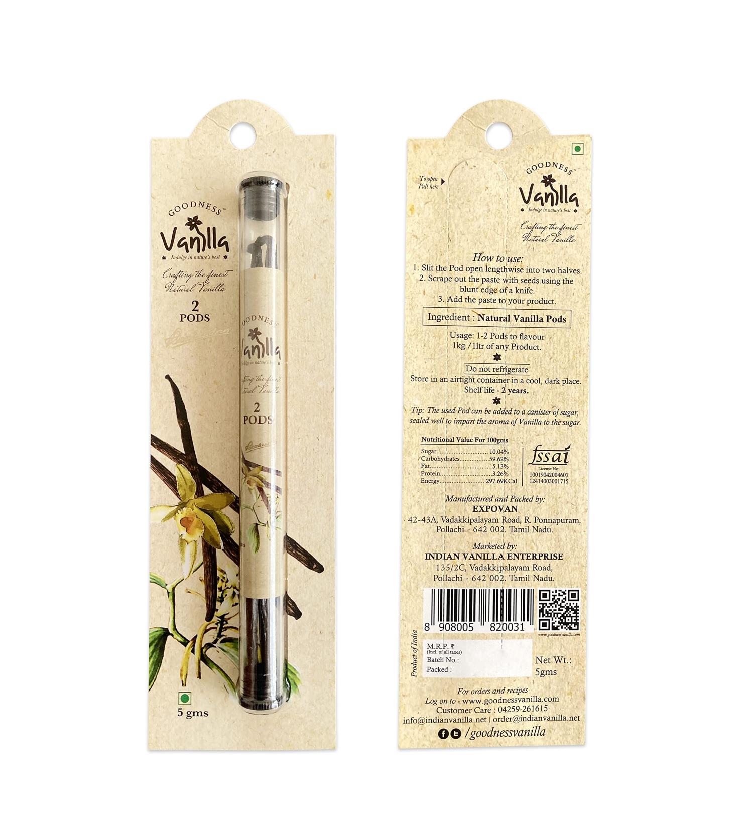 100% Pure and Natural Grade A Indian Goodness Vanilla Beans (2 Pods) for Cooking  Extract  Baking Grown in foothills of India comparable to Madagascar  Mexican and Tahitian Beans- 0.176 oz / 5 grams - Buy Online on GoSupps.com