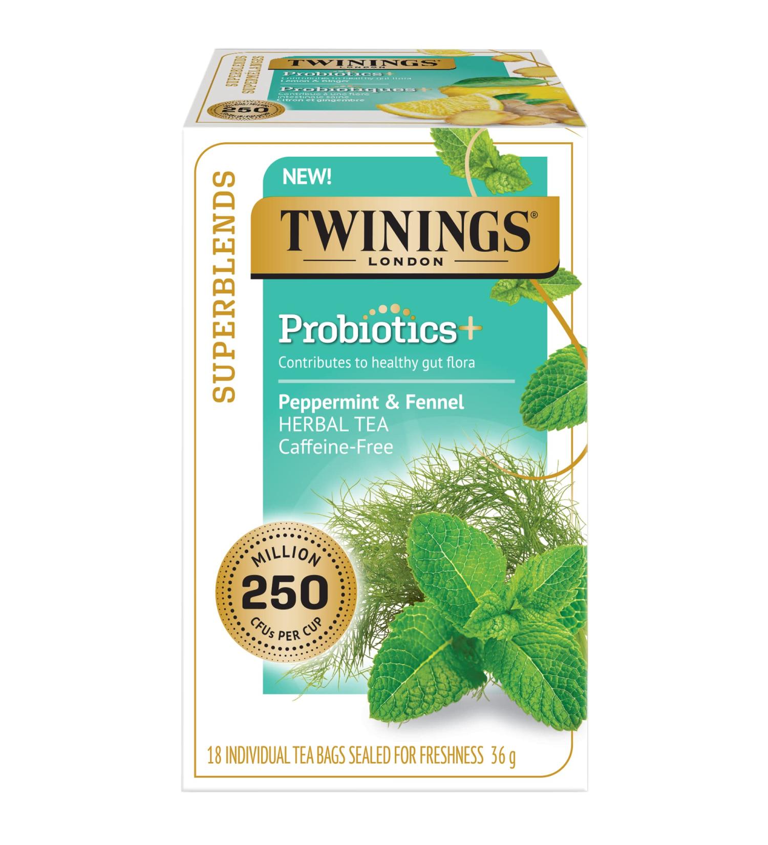 Twinings Probiotic Peppermint & Fennel Flavoured Herbal Tea 250 Million CFUs per Cup Caffeine-Free Promotes Gut Health 18 Count (Pack of 6) | Enjoy Hot or Iced - Buy Online on GoSupps.com