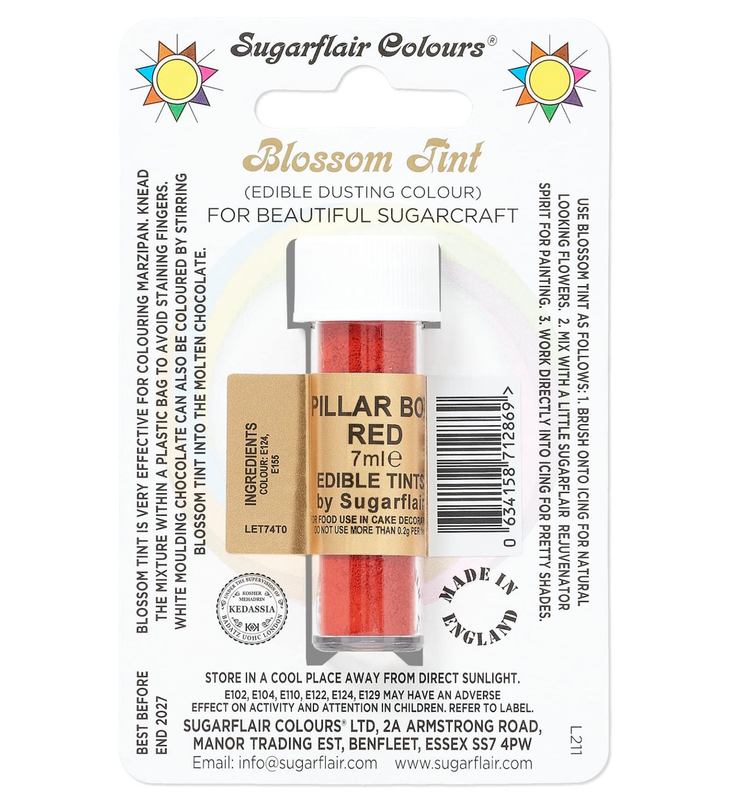 Sugarflair Pillar Box Red Blossom Tint Food Colouring and Dusting Powder Matt Finish Brush On or Mix with Rejuvenator Spirit to Create a One of A Kind Cake - 7ml