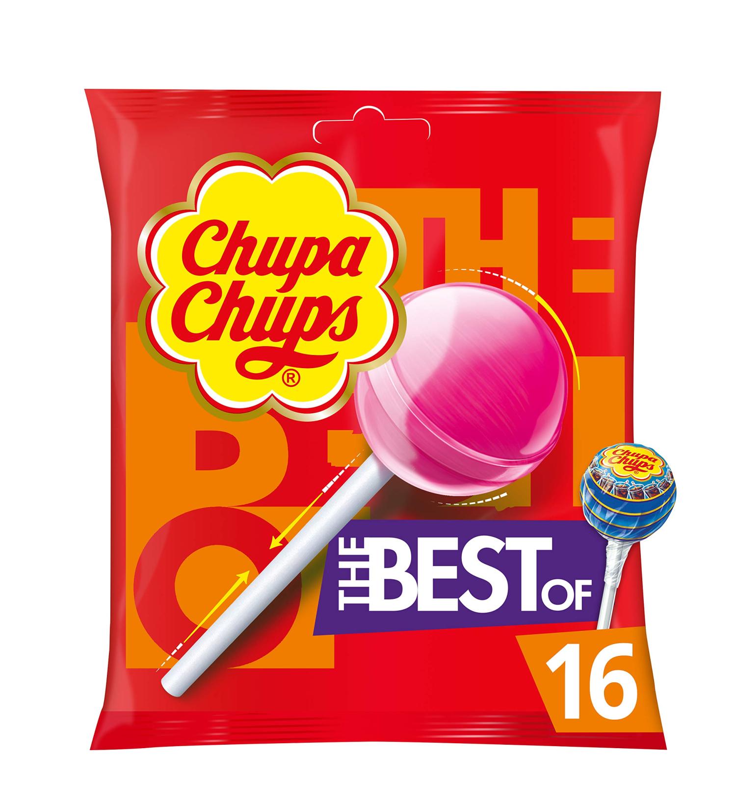Chupa Chups - Bag of 16 Best Of Lollipops - 4 Assorted Fragrances - Chupa Chups Cola Milky Strawberry and Apple - Fruit Pulp Lollipops - Gluten Free and No Sweeteners - Pack of 6 Sachets - Buy Online on GoSupps.com