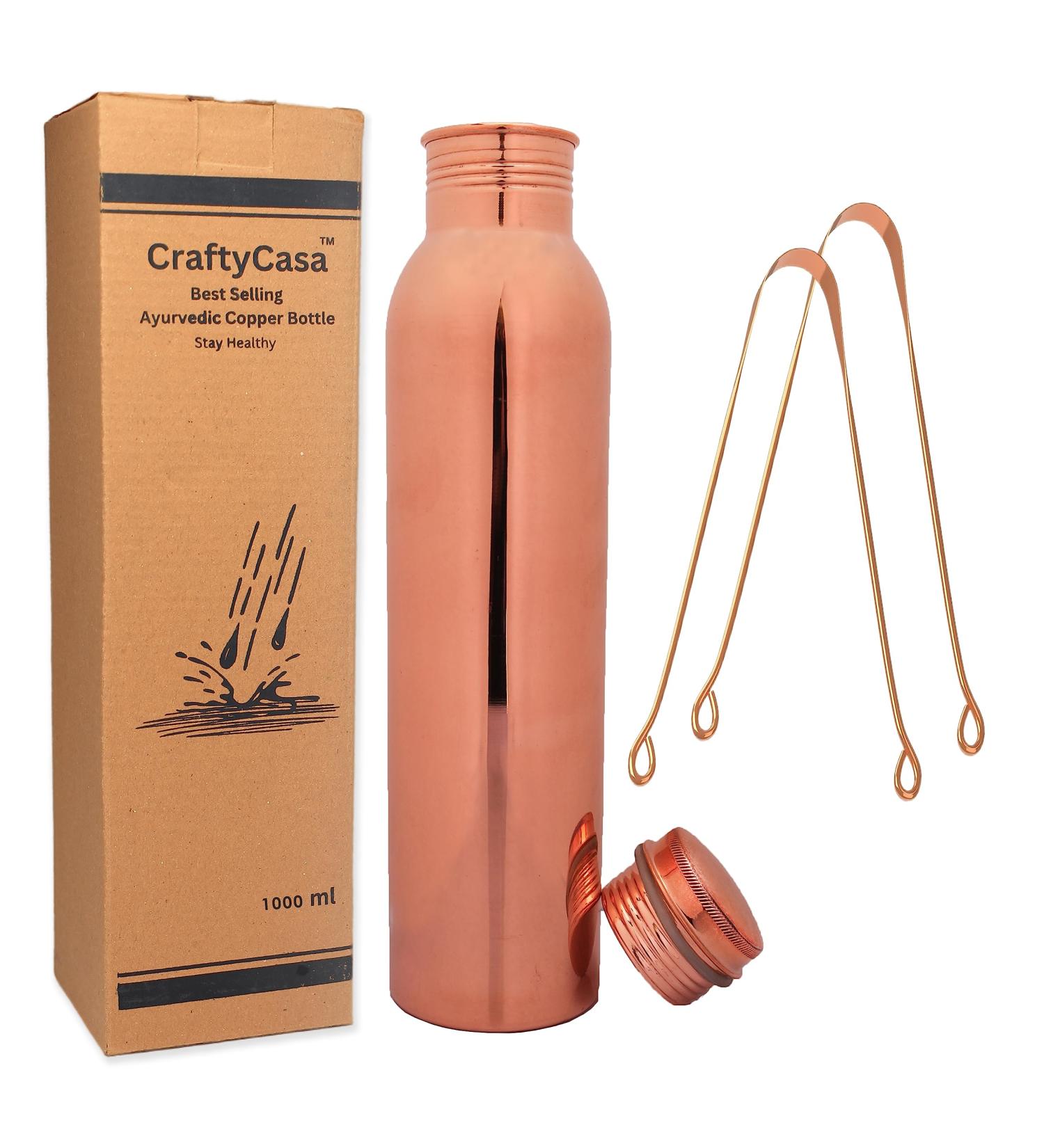 Copper Water Bottle with Tongue Cleaner 1000ML/34OZ | Plain Copper Handle Bottle with 2 Tongue Cleaner | Ayurvedic Bottle for Health Benefits