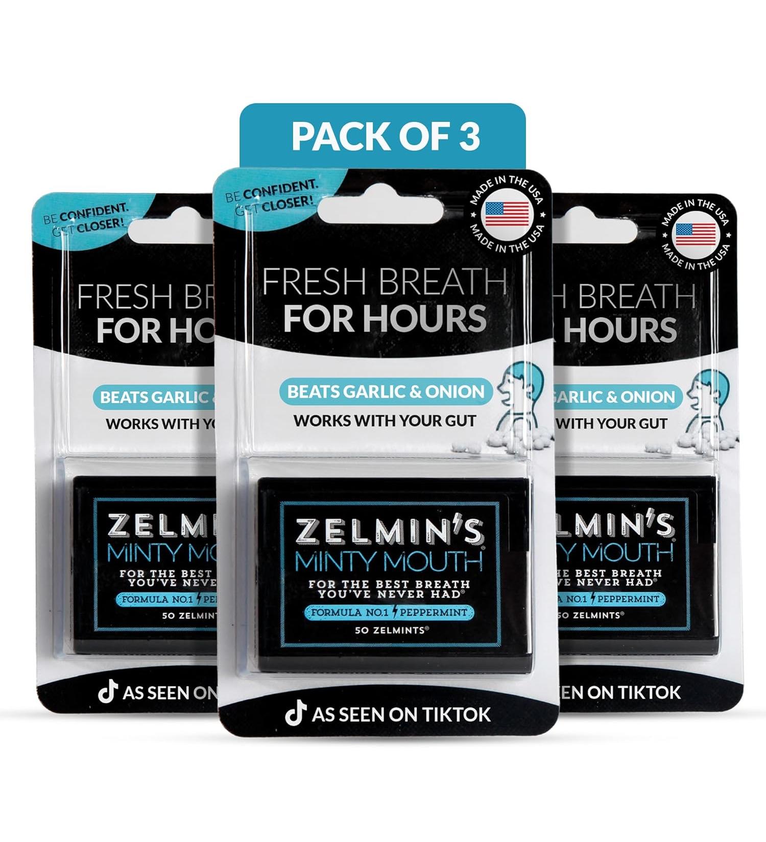 Zelmin's Minty Mouth Breath Freshener - 3 Pack, Long Lasting Bad Breath Treatment for Adults, Alcohol Free & Gluten Free - Buy Online on GoSupps.com
