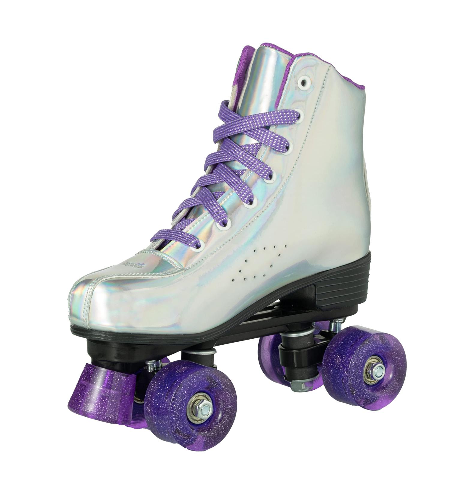YYW Double Roller Skates - Purple Glossy Flash | High-top PU Leather Skates for Women Men with Light up Wheels | Adjustable Sizes for Adult Girls Beginners - Buy Online on GoSupps.com