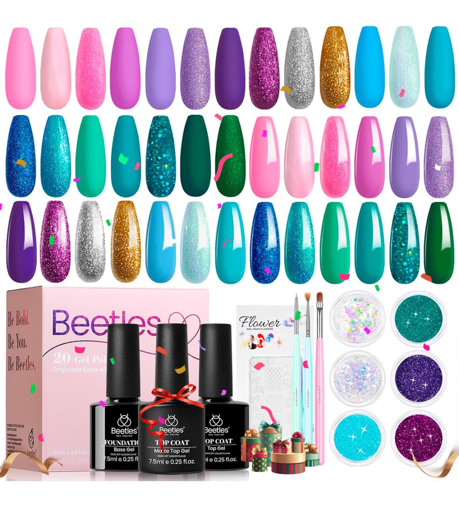 Beetles Mermaid Mantra 20-Color Gel Nail Polish Set with Glitter Soak-Off Shades - Includes Gel Base, Top Coat, Nail Brushes, and Mermaid Stickers - Buy Online on GoSupps.com