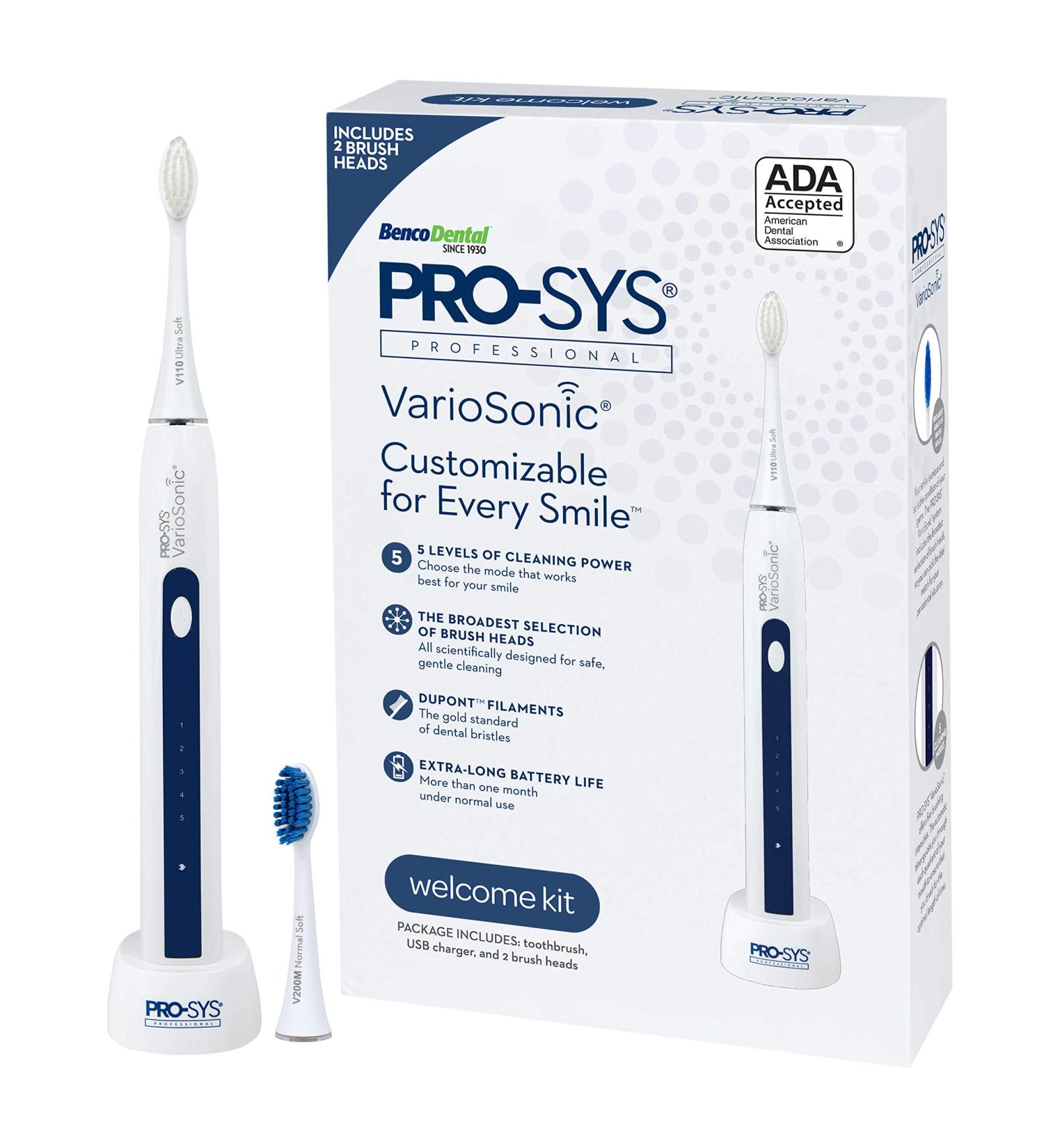 PRO-SYS VarioSonic Electric Toothbrush Starter Kit | Rechargeable & ADA Accepted | Smart Sonic Toothbrush with Timer | 2 Replacement Brush Heads | 5 Speeds - Buy Online on GoSupps.com