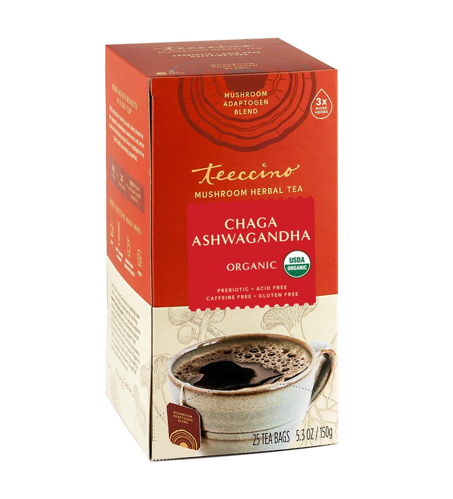 Teeccino Chaga Ashwagandha Tea - Butterscotch Cream - Organic Mushroom Adaptogenic Herbal Tea - 25 Tea Bags, Prebiotic, Caffeine and Gluten Free - Buy Online on GoSupps.com