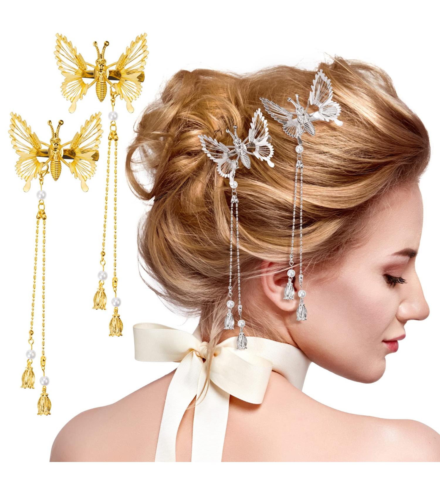 PAGOW 4pcs Elegant Tassel Butterfly Hairpin Alligator Clip | Antique Side Clip for Women, Perfect for Wedding or Party Hair Adornment - Silver+Gold - Buy Online on GoSupps.com