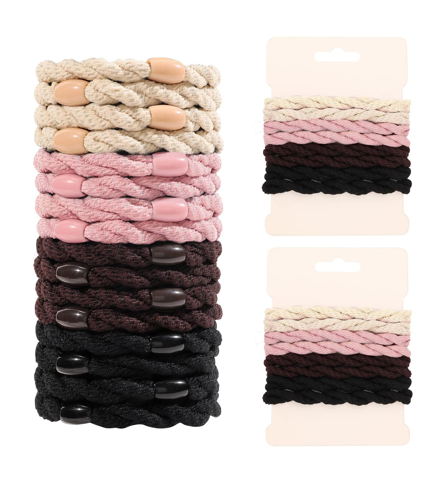 Thick Hair Ties - Ponytail Holders for Women Girls Men | 16Pcs Black Brown Beige Pink Hair Tie Bracelets - Buy Online on GoSupps.com
