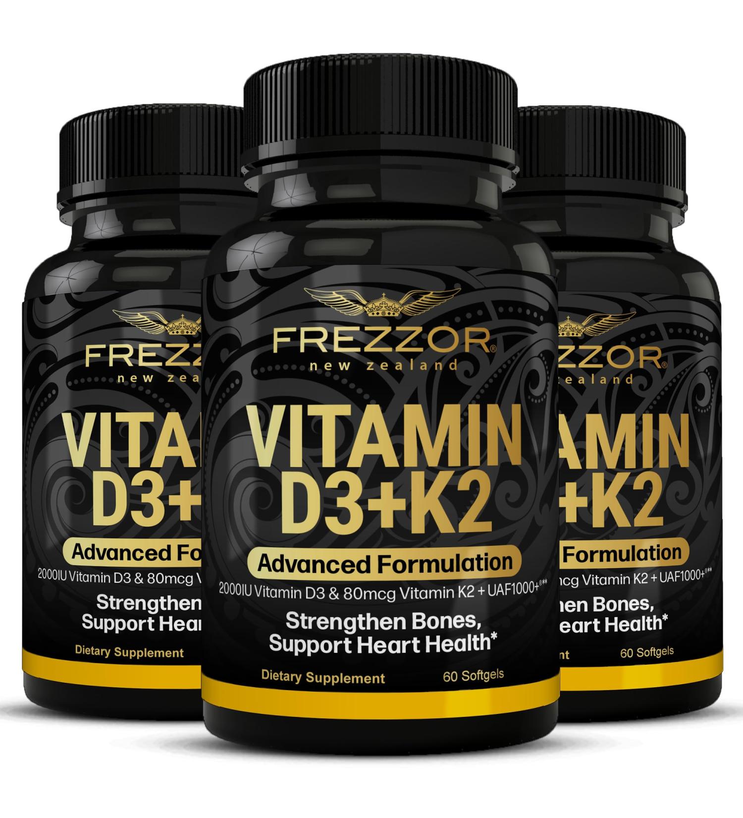 FREZZOR Vitamin D3 and K2 Caps High Potency D3 2000IU and K2 (MK7) 80mcg Unique VIT D3 from 100% New Zealand Sheep's Wool Lanolin. 180 Softgels 3 Month Supply