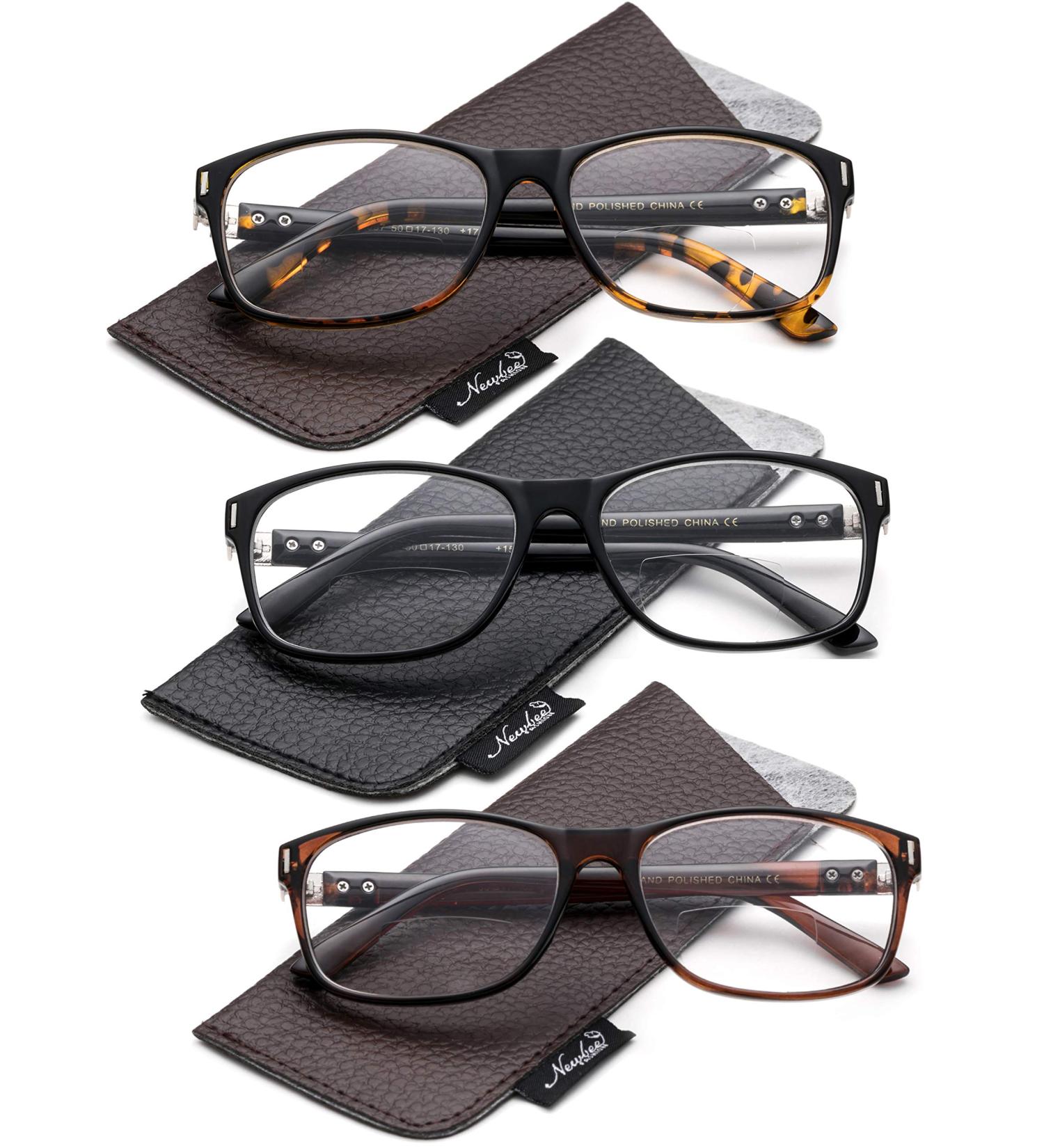 3-Pack Bifocal Reading Glasses - Rectangle Frames 1.75X - Unisex Tortoise Black & Brown - Includes Pouches - International Shipping - Buy Online on GoSupps.com