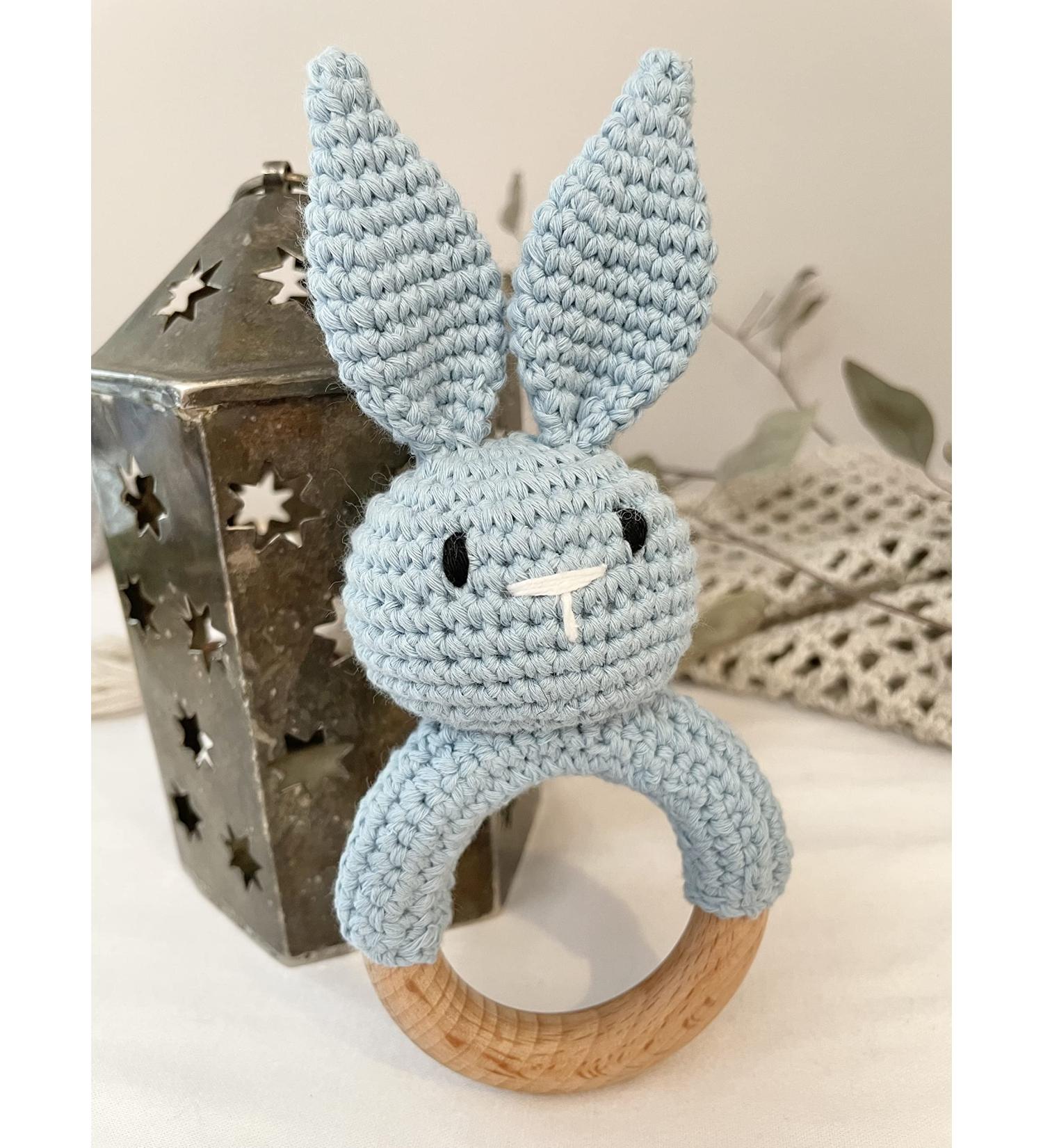Baby Gift Rattle and Teether Toy Handmade Crochet Safe and Non-Toxic Beechwood Sensory Development for Baby Amigurumi Baby Bunny Skwish (Blue)