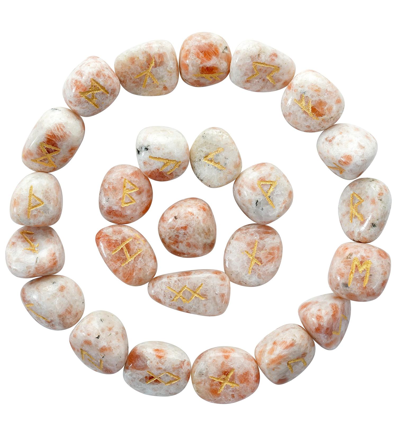 Crocon Sunstone gemstone tumbled Rune Stones Set with Elder Futhark Alphabet Engraved Symbol (25 Pcs) gift feng shui reiki stone set with a pouch & runes brochure Size :- 20-25 mm Approx - Buy Online on GoSupps.com