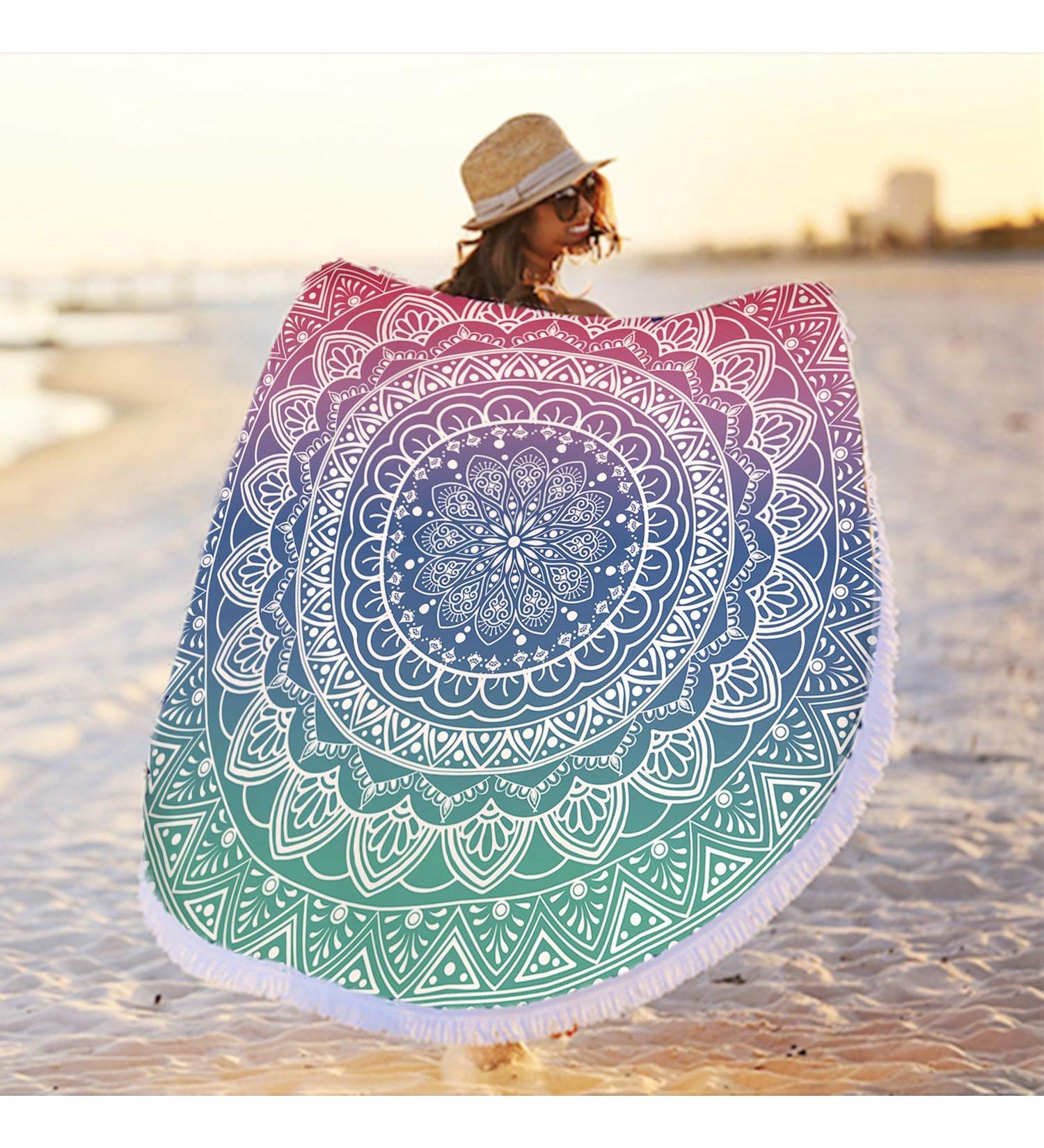 Oversize Round Mandala Beach Towel - Bohemian Quick Dry Microfiber Towel with Tassel - 59 Green Pink Mandala Design - Buy Online on GoSupps.com