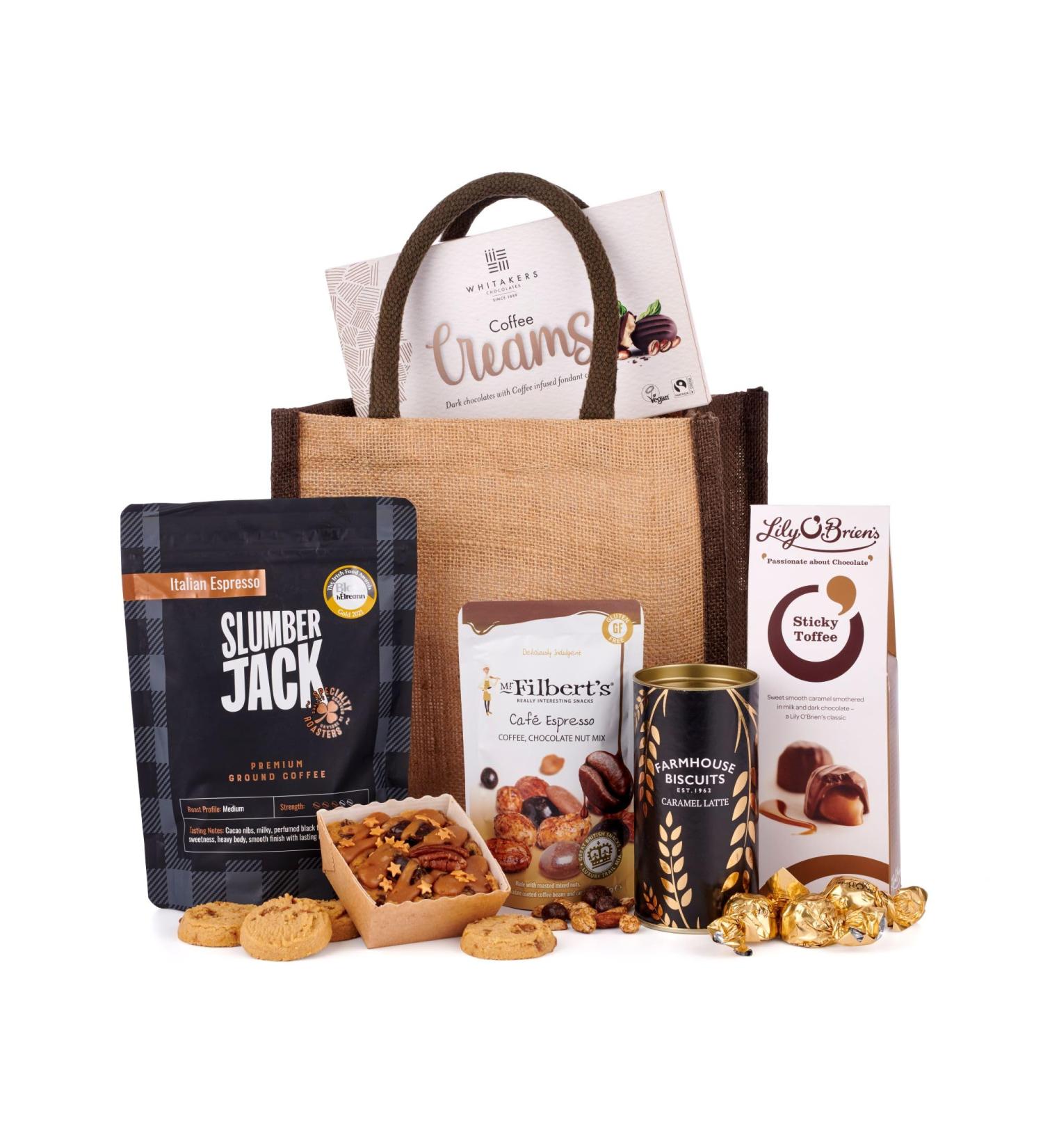 Thornton & France Coffee Hamper Gift For Him | Italian Espresso Coffee Gift Set Plus Sweet & Savoury Treats | Packed In A Reusable Hessian Gift Bag