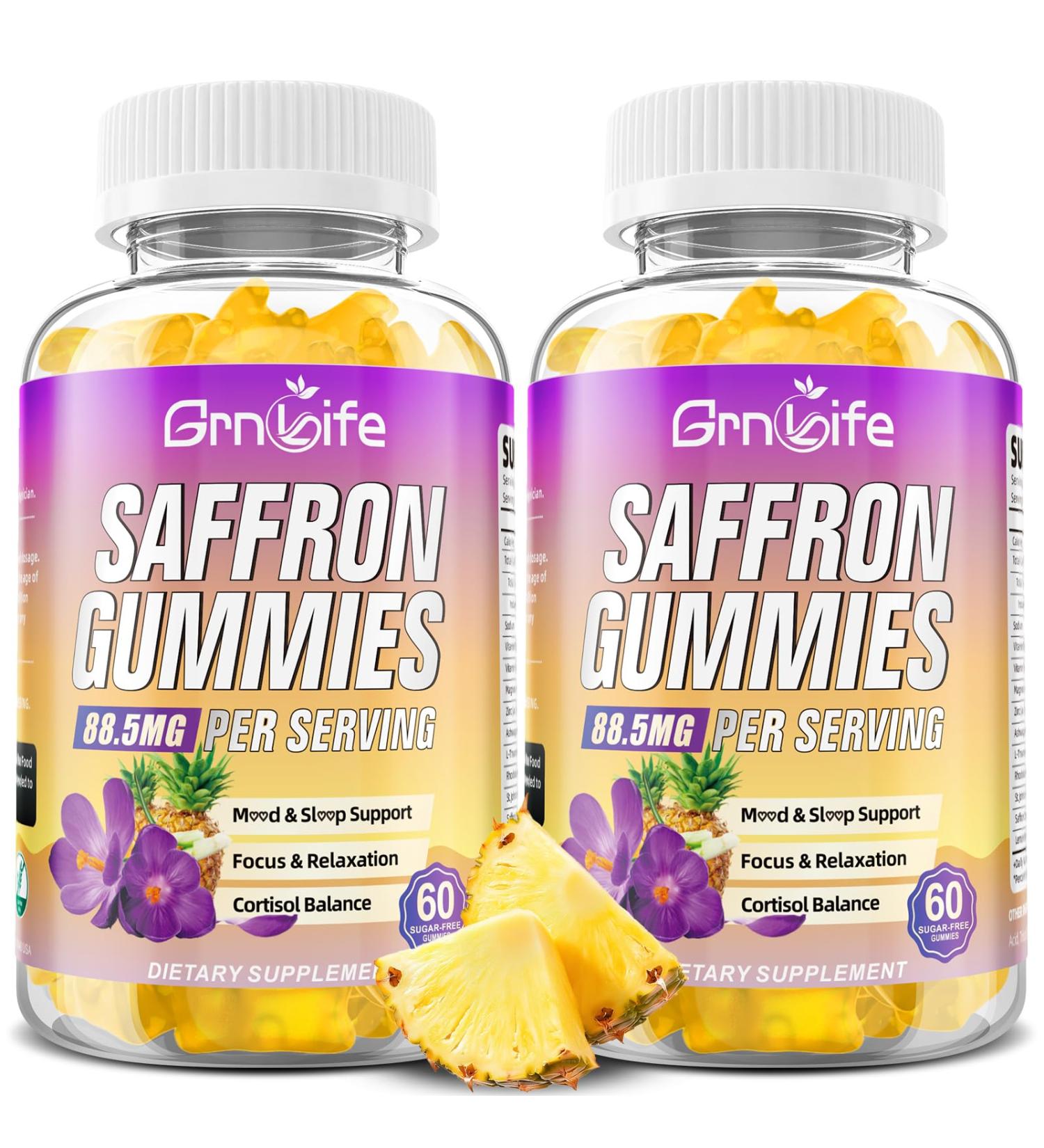 GrnLife 2 Pack Saffron Gummies for Kids & Adults 10-in-1 Saffron Supplements with 88.5mg Saffron Extract Support Calm Mind & Focus & Zzz Sugar Free Pineapple Flavor 120 Count - Buy Online on GoSupps.com