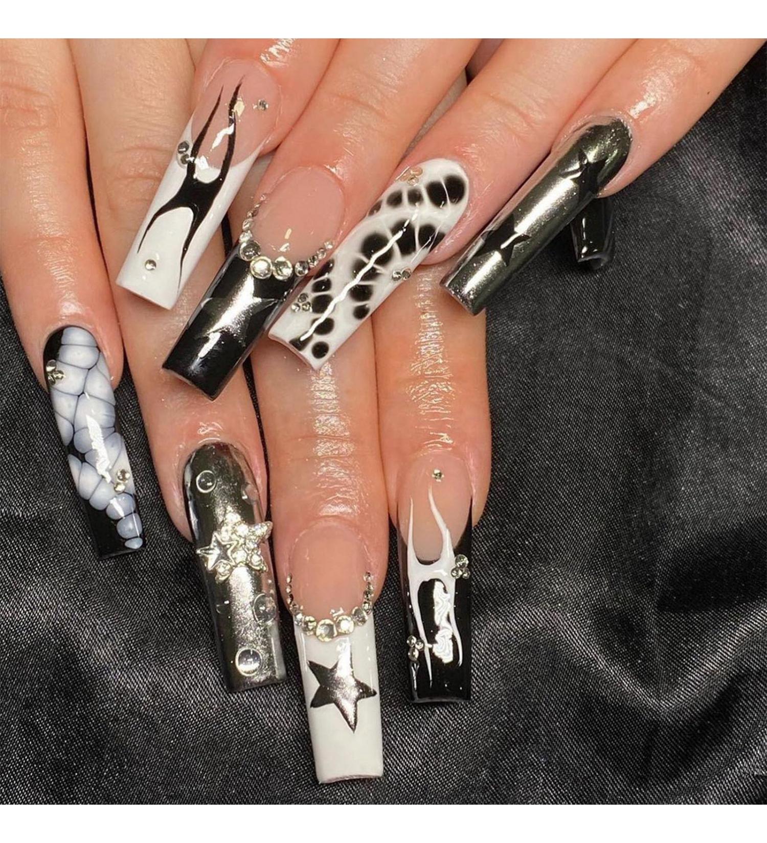 Shop 24pcs Glossy Black White French Tip Press On Nails - Long Square Acrylic Full Cover - Y2K Style False Nails - Buy Online on GoSupps.com