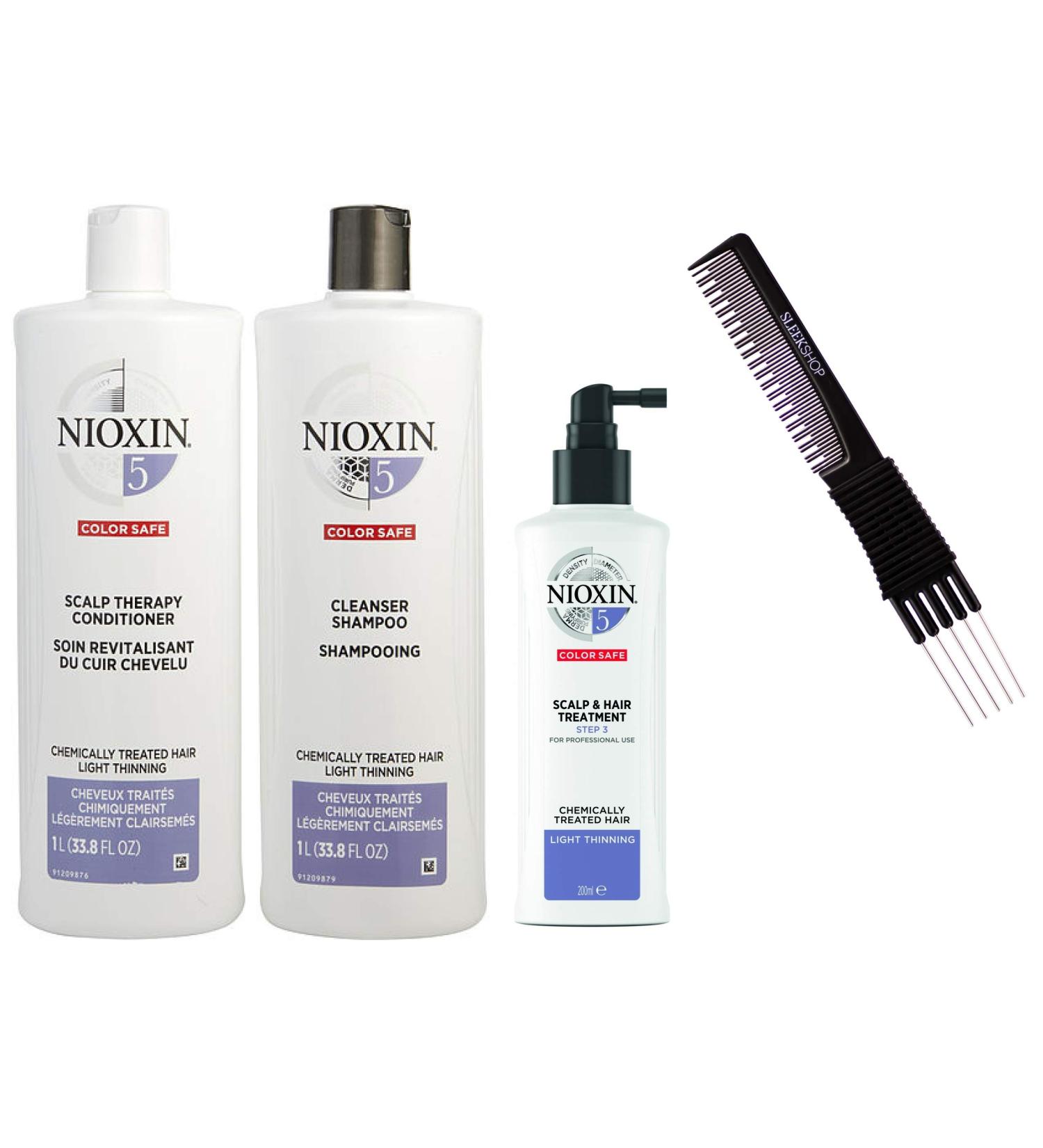 fragile hair NlOXlN System 5 LARGE STARTER KIT for Chemically Treated Hair & Light Thinning 3-piece TRIO Kit (w/ Sleek Premium Carbon Teasing Comb) Boost Fine Hair (System 5 LARGE KIT (33 oz + 33 oz + 6.7 oz))