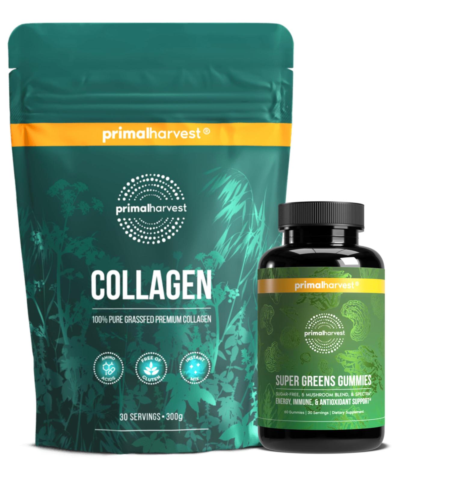 Primal Harvest Supergreens Gummies + Primal Collagen Powder | 2-Pack Bundle | 16 Superfoods + Type I & III Collagen Peptides | 30 Servings Each - Buy Online on GoSupps.com