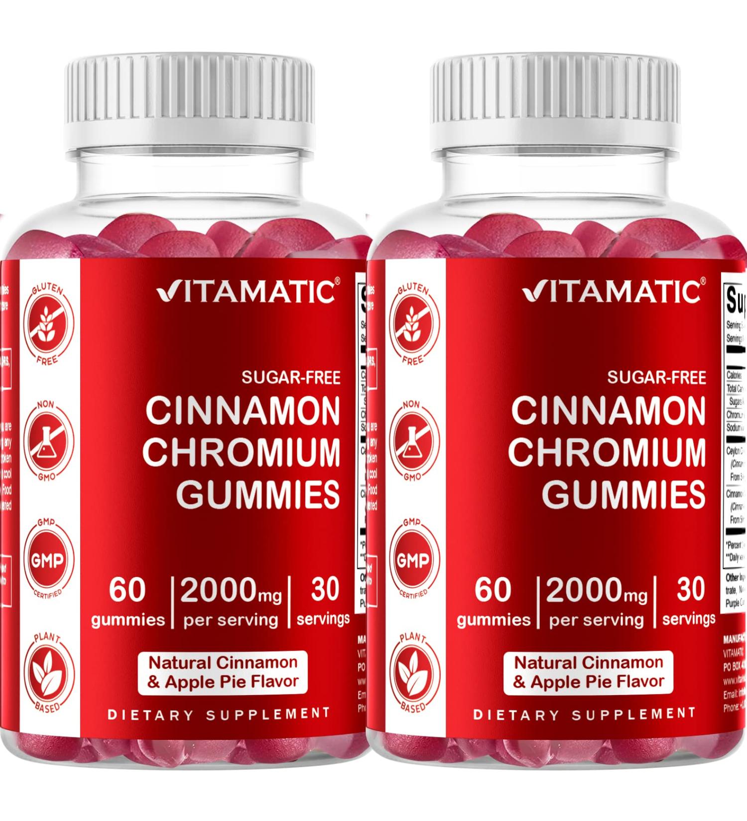 2 Pack Vitamatic Sugar Free Chromium Gummies with Ceylon Cinnamon - 120 Vegan Gummies - Non-GMO & Gluten Free - Buy Online on GoSupps.com