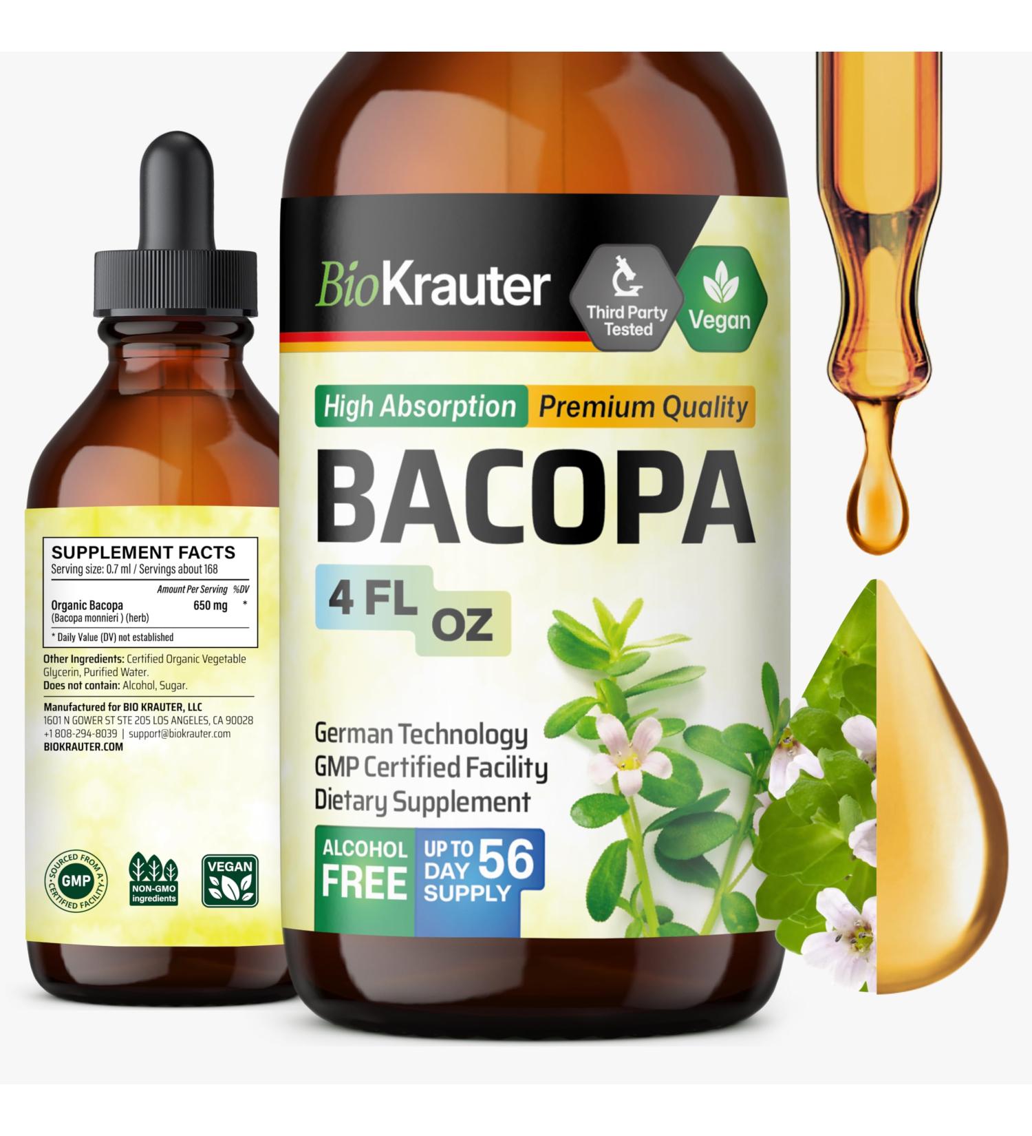 BIO KRAUTER Bacopa Monnieri - Liquid Drops Bacopa Extract (Brahmi Powder) 650 mg per Serving 4 Fl.Oz 56-Day Supply - Pure Vegan Brain Supplement Supports Calm Focus & Memory - Alcohol & Sugar Free 4 Fl Oz (Pack of 1) - Buy Online on GoSupps.com
