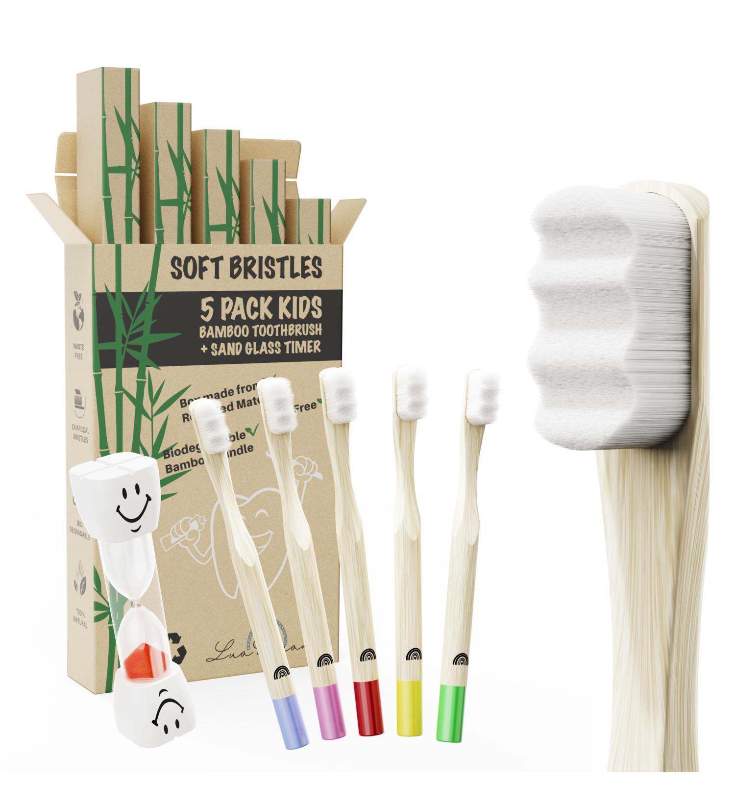 Children's Bamboo Toothbrush Set - 5 + 1 Hourglass - Soft Bristle BPA Free Eco-Friendly Nano Toothbrush for Kids - Buy Online on GoSupps.com