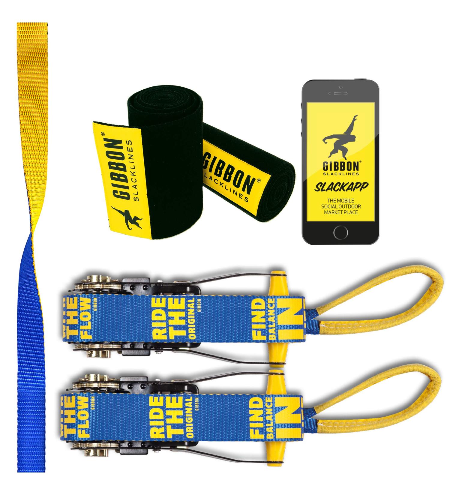 Gibbon Slacklines Flowline 82ft with Treewear - Yellow/Blue | 1 Line, 2 Ratchet Straps, Tree Protection - Buy Online on GoSupps.com