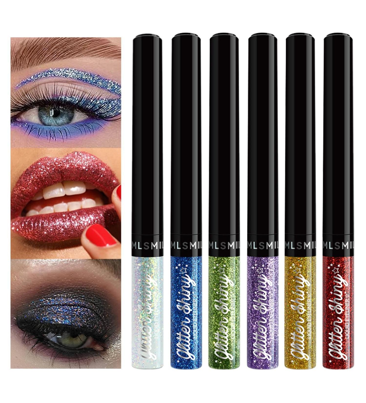 Colored Eyeliners Liquid Eye Shadow Pigmented Eye Liner 6 Colors | Long Lasting Glitter Eyeshadow Waterproof Shimmer Eyeliner Eye Glitter for Festival Eye Makeup Rowces - Buy Online on GoSupps.com