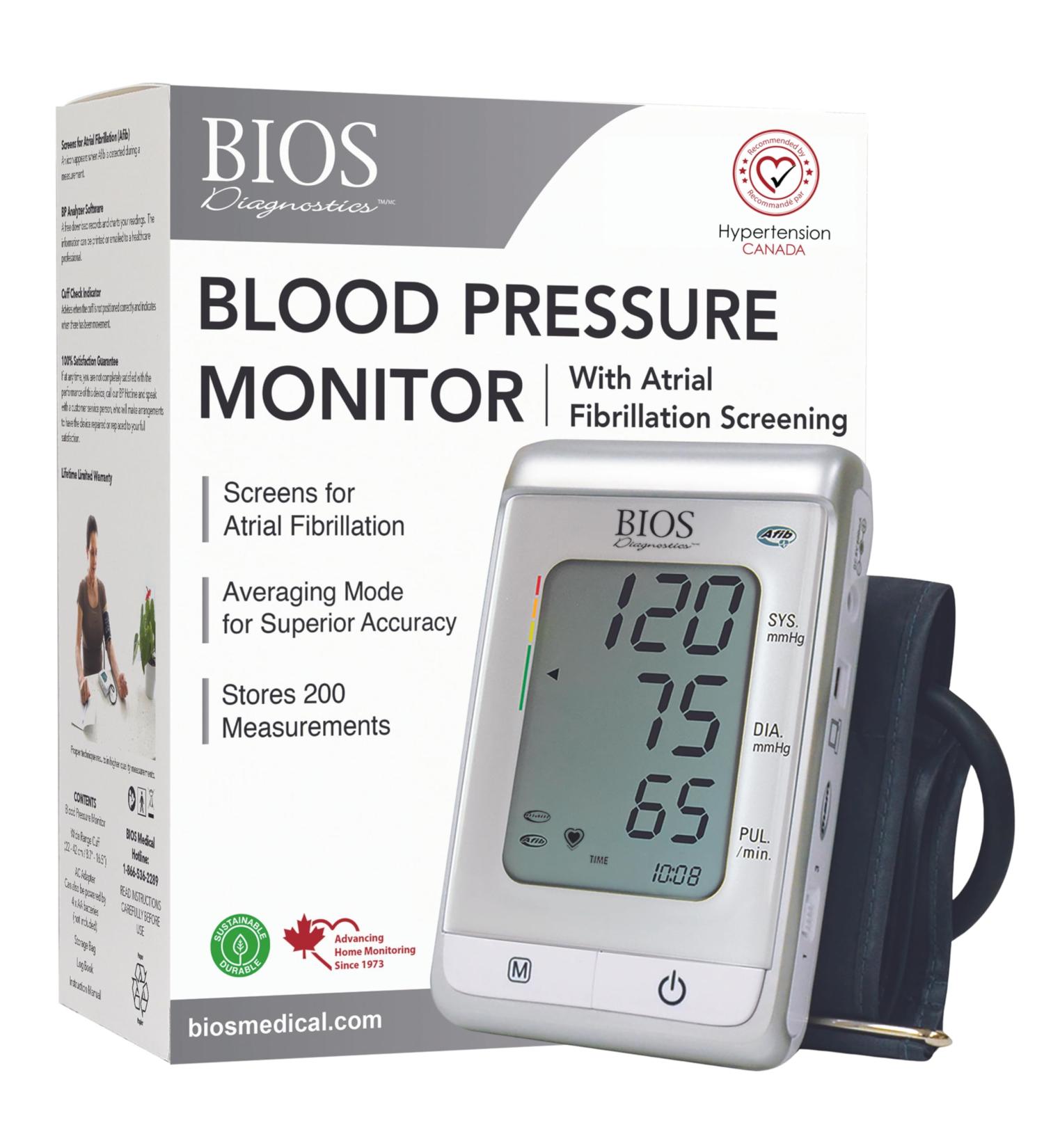 BIOS Diagnostics Blood Pressure Monitor - with Atrial Fibrillation Screening #1 Canadian Blood Pressure Manufacturer* Home Use Upper Arm Reading AFIB Large Display 200 measurements Averaging Mode - Buy Online on GoSupps.com