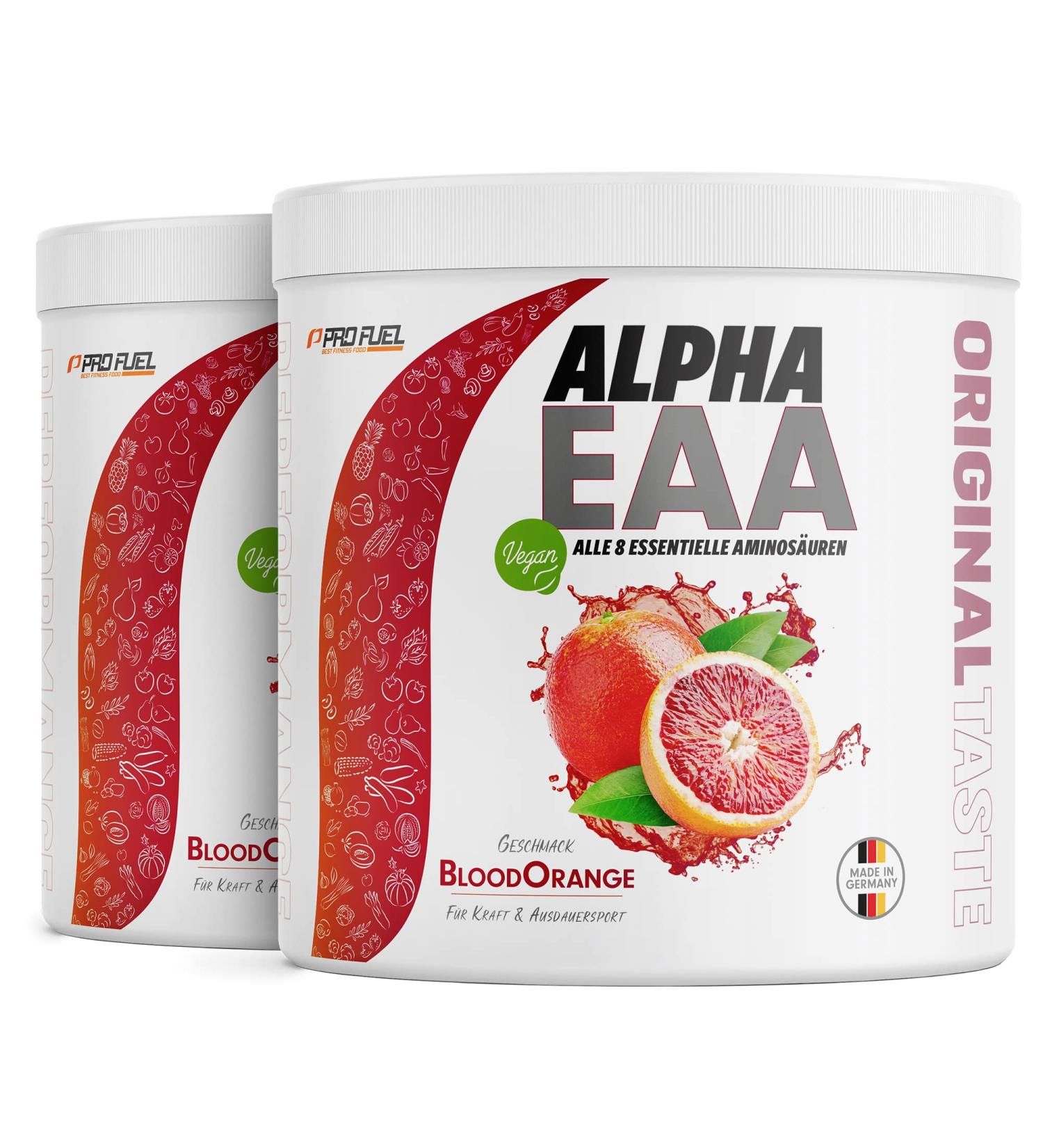Alpha EAA Pulver 2x462g Blood Orange | Vegan EAA Drink Powder with All 8 Essential Amino Acids | Optimal Value | Made in Germany - Buy Online on GoSupps.com