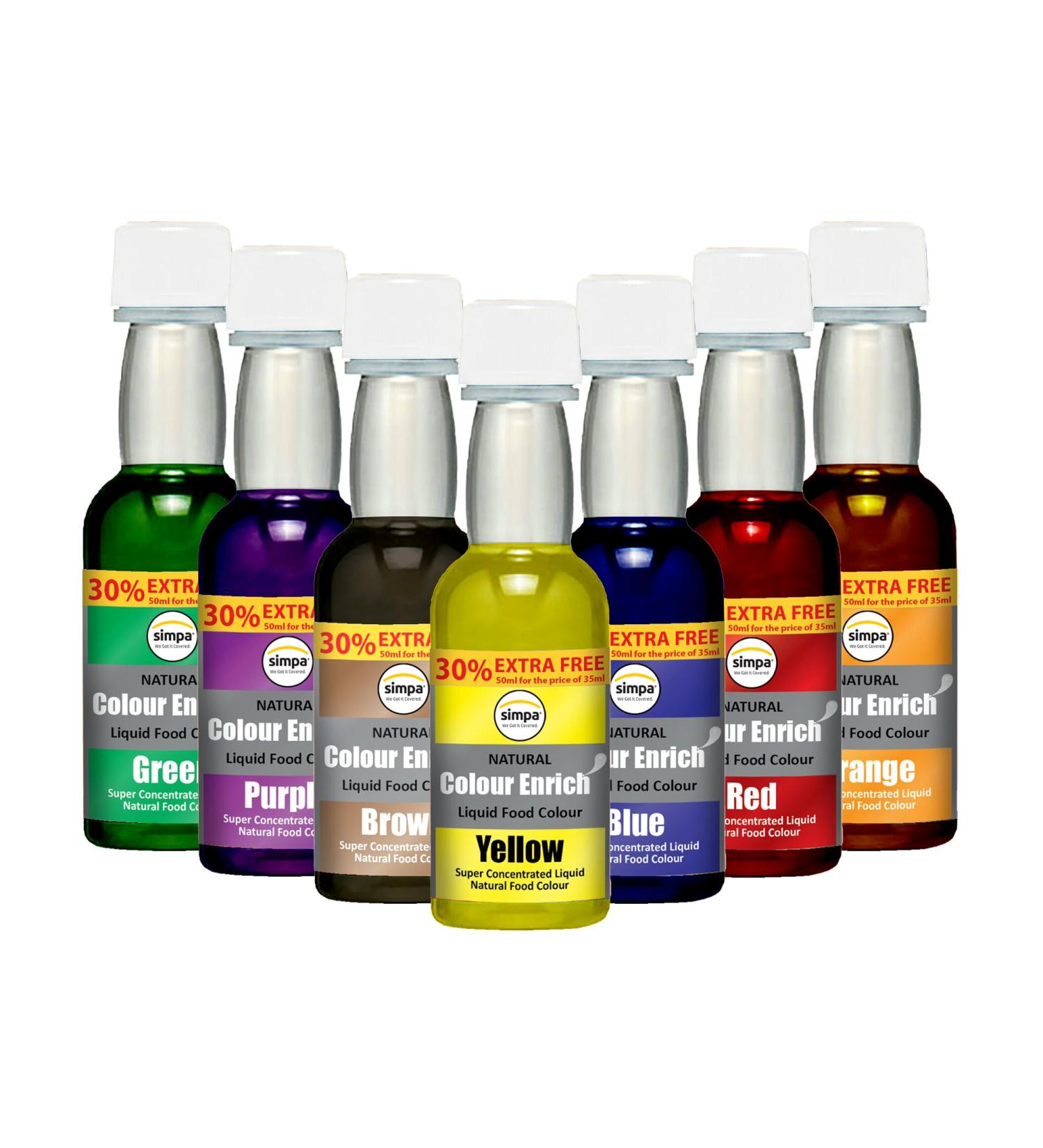 7 x Simpa Enrich Natural Colour Liquid Food Colouring Super Concentrated Formula. Set of 7: Red Blue Orange Green Yellow Brown & Purple. - Buy Online on GoSupps.com