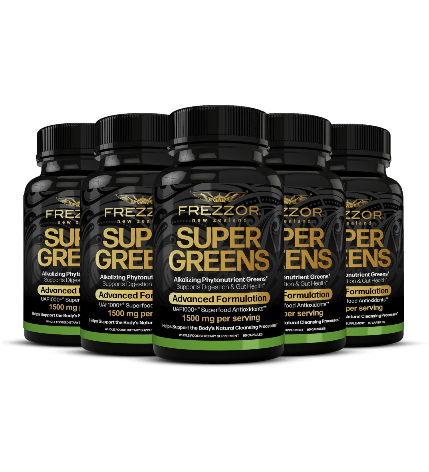 FREZZOR Super Greens Capsules with UAF1000+ Fruit and Veggie Supplement New Zealand Green Superfood Energy Essential Veggies Antioxidants Enzymes Detox & Cleanse 450 Capsules 5 Pack