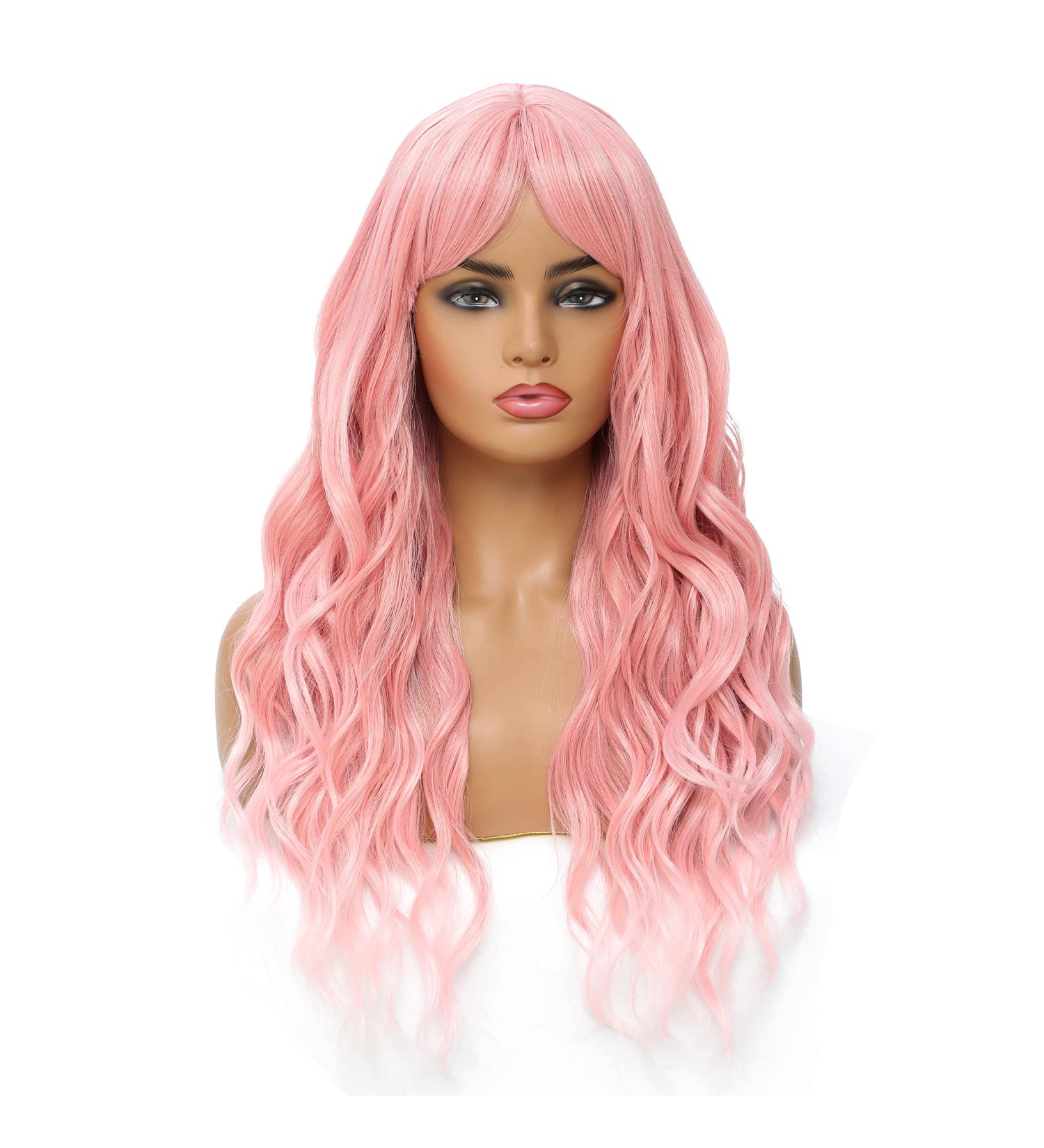 SWACC Long Curly Wavy Wig with Bangs - Synthetic Hair Wig for Women with Wig Cap (Pink Ombre) - Buy Online on GoSupps.com