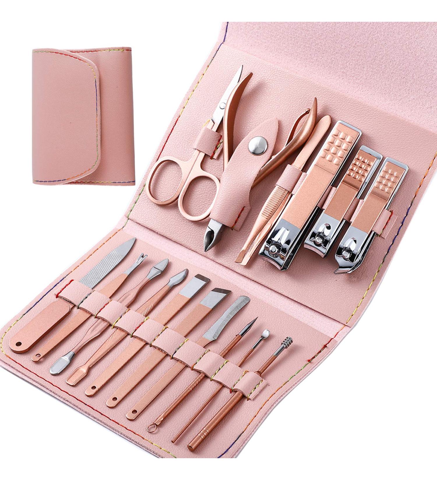 XMOSNZ 16-Piece Pink Manicure Set | Stainless Steel Nail Clipper Kit with Leather Travel Case | Professional Grooming Tools for Hand, Foot, Face, and Nail Care - Buy Online on GoSupps.com