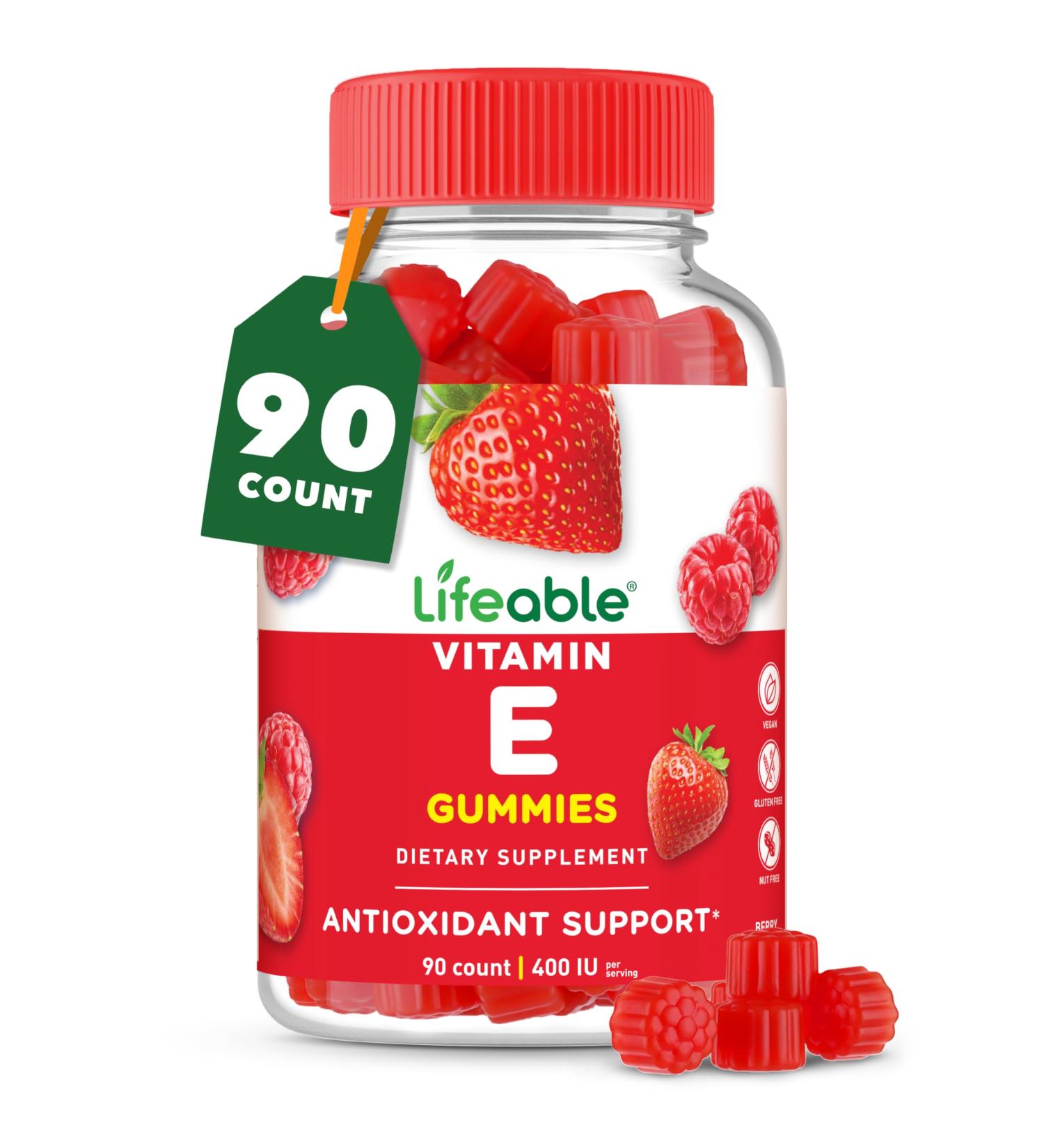 Lifeable Vitamin E Gummies | 400 IU | Great Tasting Vitamin E Supplements | Skin Eye Health and Immune Function Support | VIT E for Adults Men Women | 90 Gummies - Buy Online on GoSupps.com