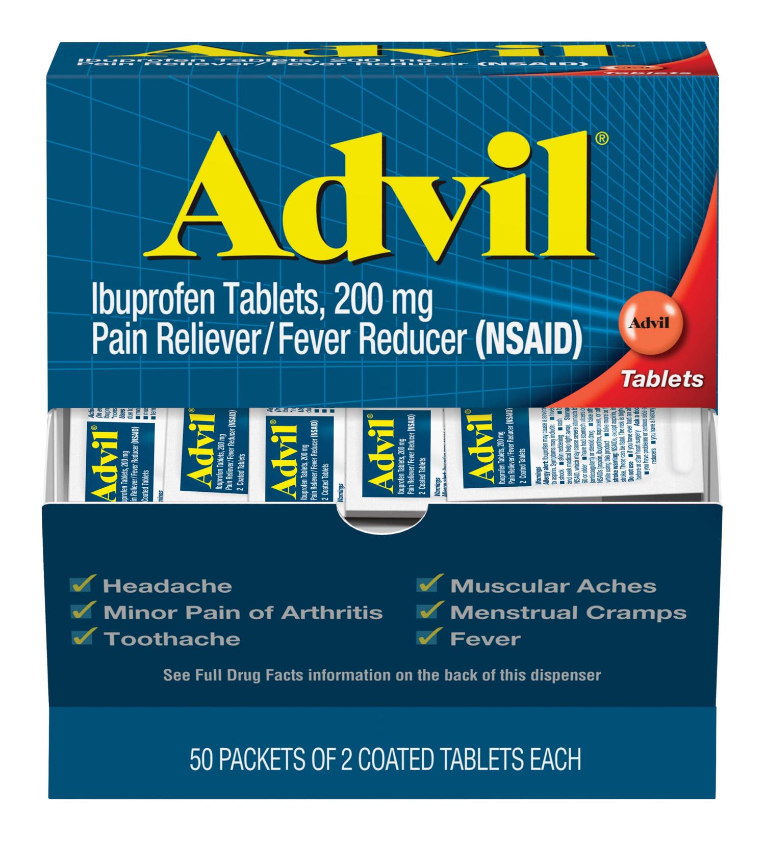 Advil Ibuprofen 200mg Pain Relief Tablets - 100 Count - Headache, Backache, Menstrual & Joint Pain Relief - Buy Online on GoSupps.com