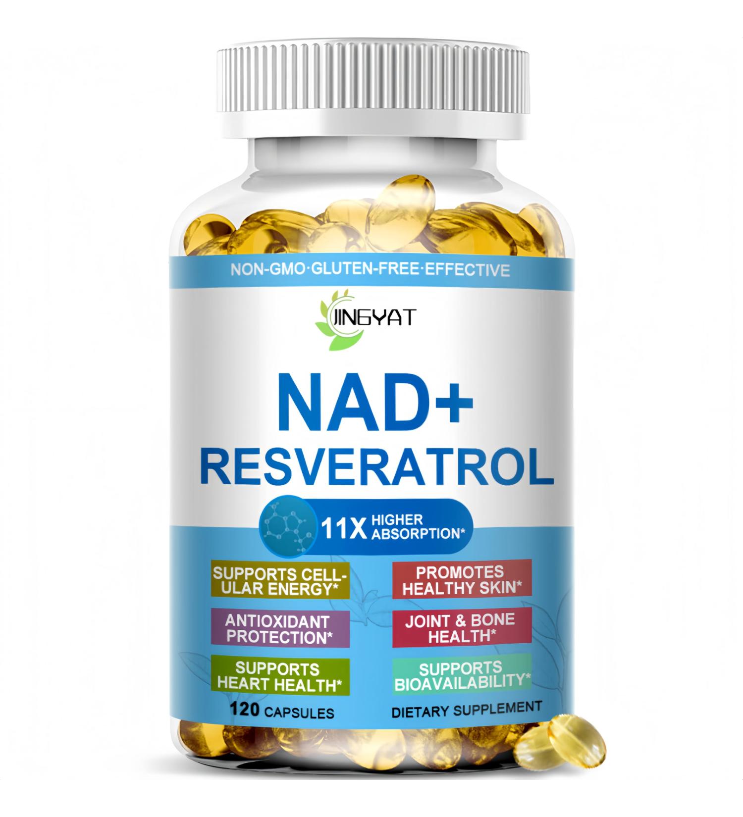 JINGYAT 11-in-1 NAD Supplement with Resveratrol CoQ10 Quercetin Collagen Grape Seed for Cellular Energy Mental Focus & Antioxidant Support - NAD Supplement for Women & Men 120 Soft Capsules - Buy Online on GoSupps.com