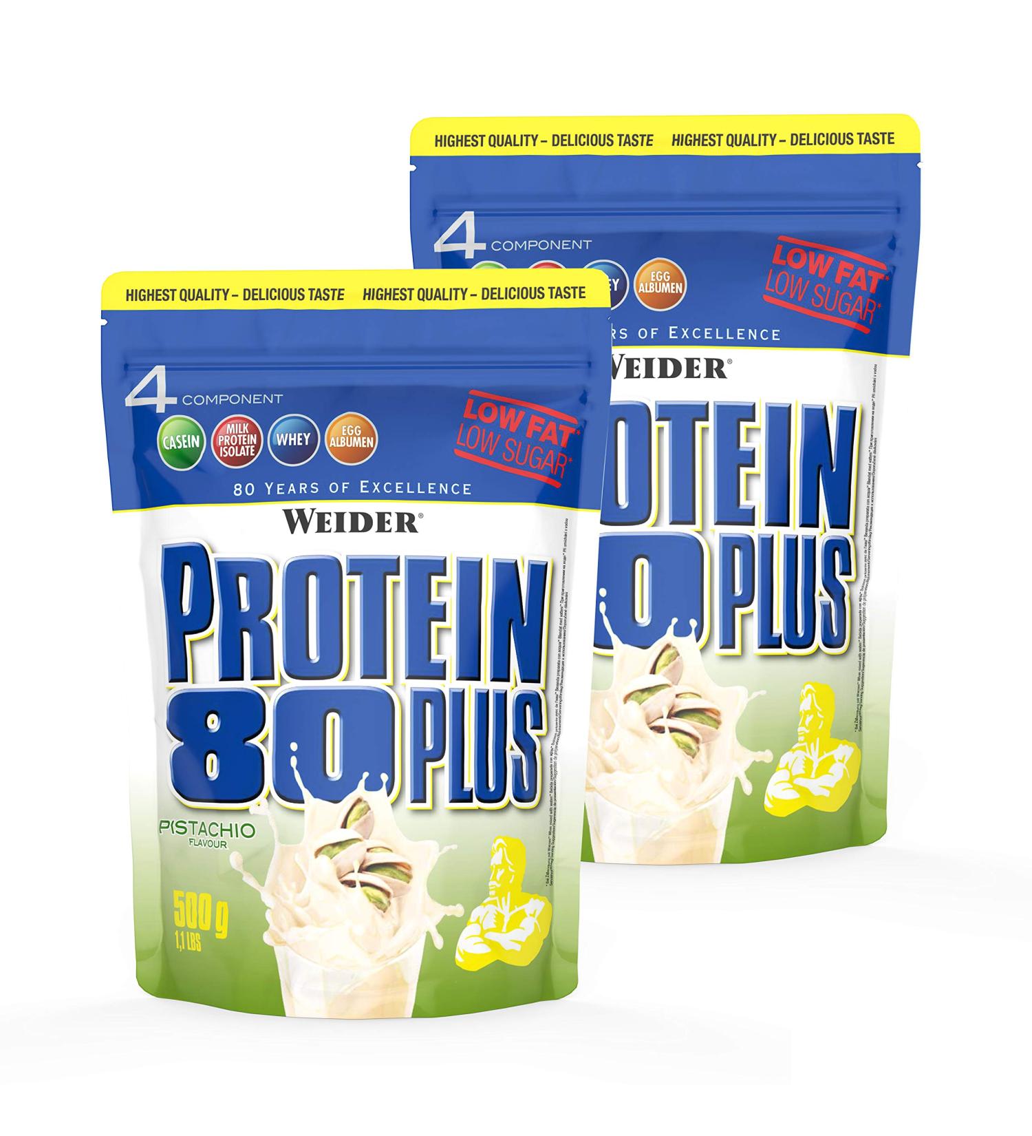 Weider Protein 80 Plus Powder - 2 Pack Pistachio Flavor | Low-Carb Multi-Component Casein & Whey Mix (2x500g) - International Shipping Available - Buy Online on GoSupps.com