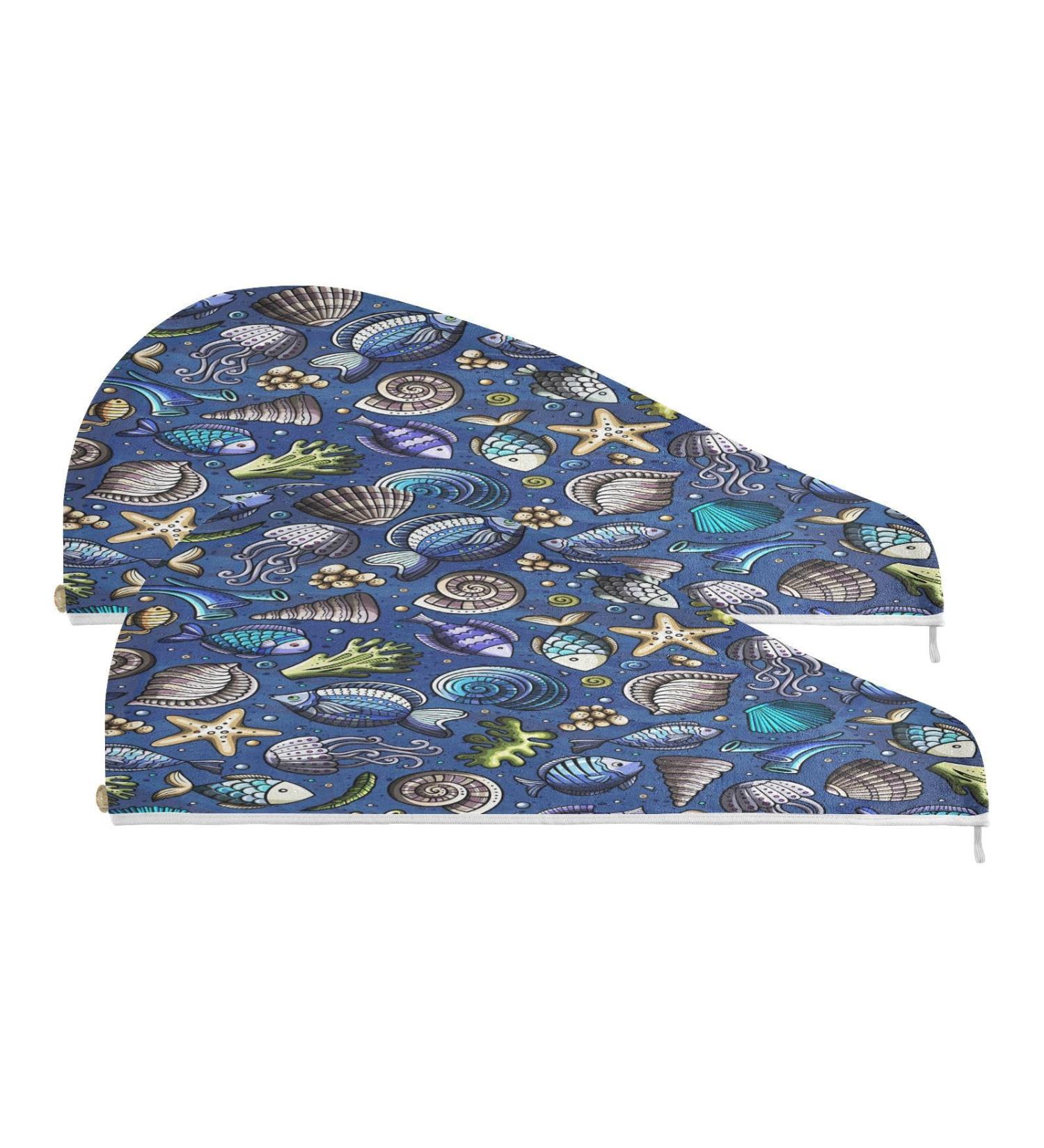Sea Life Dry Hair Cap & Quick Drying Towel Set - Super Absorbent Soft Comfortable - 2 Piece with Button Headband - Ideal for International Shipping - Buy Online on GoSupps.com