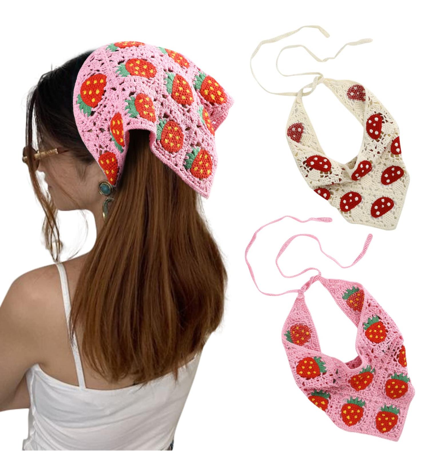 AWAYTR Crochet Bandana Head Kerchief Hair Scarf 2Pcs - Floral Hair Scarves for Women Girls - Pink & Beige - Buy Online on GoSupps.com