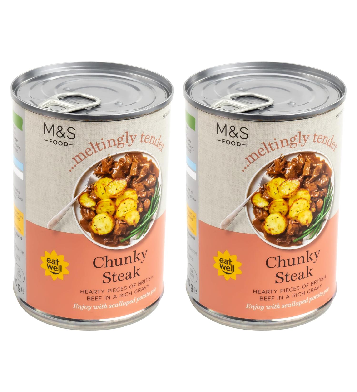 M&S Marks & Spencer Tinned Chunky Steak Hearty Pieces of British Beef in a Rich Gravy - 2 x 400g - Buy Online on GoSupps.com