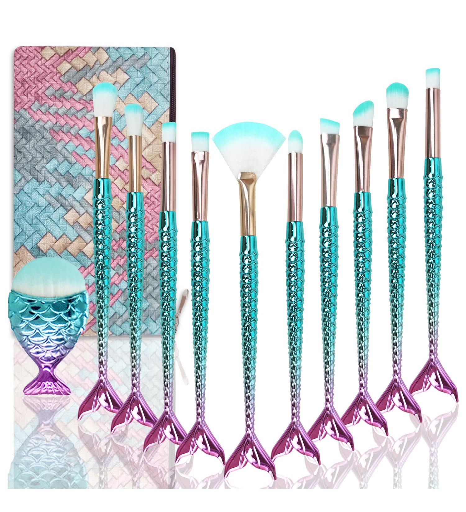 11pcs Mermaid Makeup Brush Set with Cute Bag - Perfect Foundation Eyeshadow & Blush Brushes for Girls | Ideal Christmas & Birthday Gift - Buy Online on GoSupps.com
