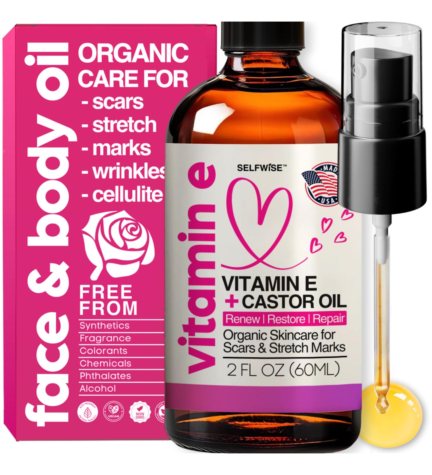 Organic Vitamin E Oil for Scars Stretch Marks Wrinkles & Cellulite - Natural Hydrating Skincare with Castor Rosehip & Jojoba - Face & Body Treatment - Buy Online on GoSupps.com