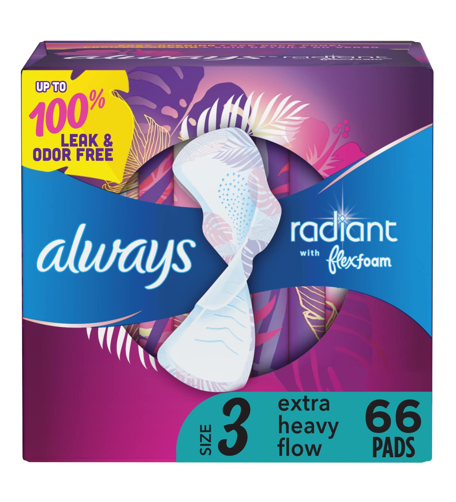Always Radiant Size 3 Extra Heavy Flow Feminine Pads - 66 Count, Unscented with FlexFoam and Wings - Buy Online on GoSupps.com