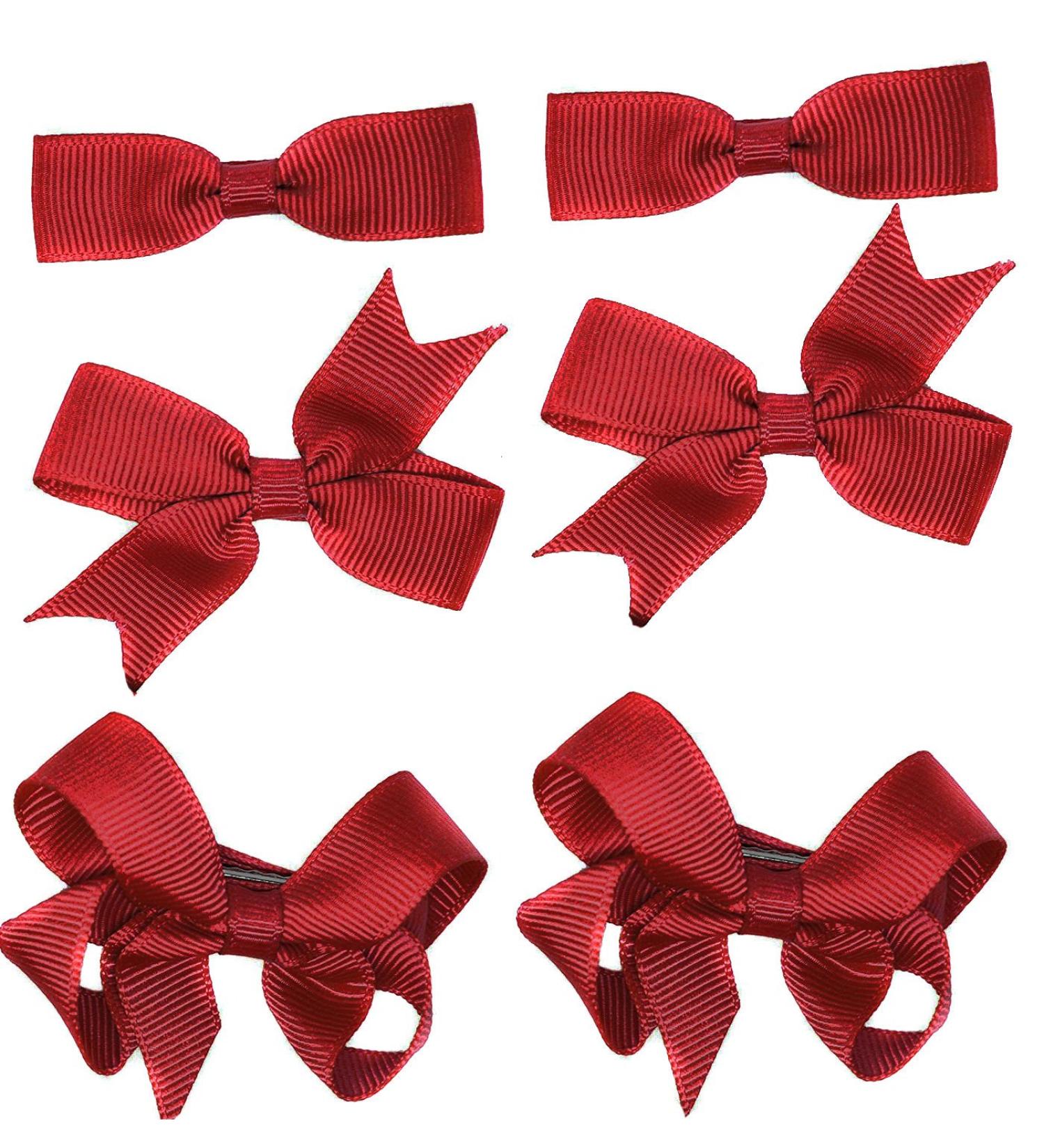 6 Clips (3 Pairs) School Bows Girls Small Hair Grosgrain Ribbon Hair Accessories Uniform (Burgundy)