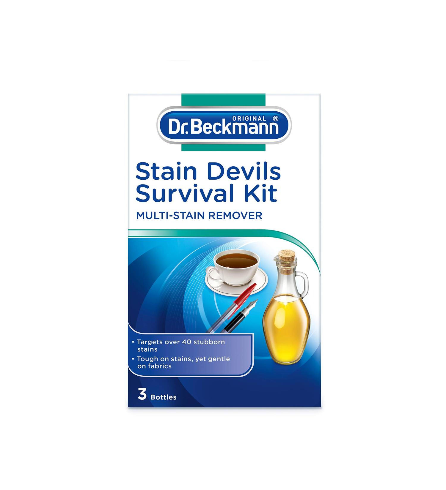 Dr.Beckmann Stain Devils Survival Kit Removes Over 40 Stubborn Stains Fast Acting - Tough Staines Removed In 3 Minutes 1 X Stain Devil - Cooking Oil & Fat Remover 1 X Stain Devil - Tea Red Wine Fruit And Juice Remover 1 X Stain Devil - Ball Point Ink And  - Buy Online on GoSupps.com