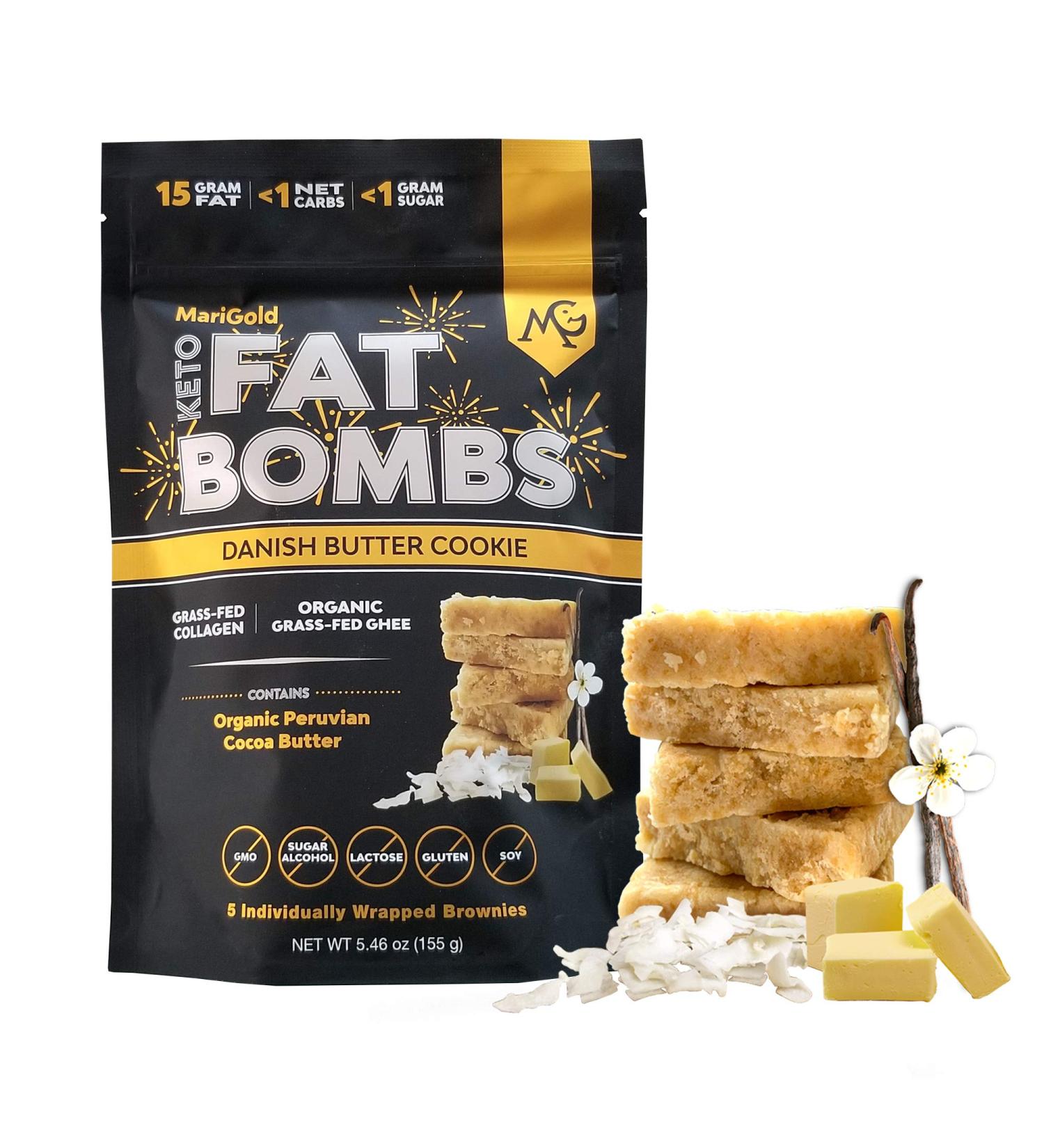 MariGold Keto Fat Bomb - Danish Butter Cookie | Keto Snack High Fat Low Carb Collagen-Rich Non-GMO Organic Ghee Coconut & Cocoa Butter (5 Servings - Buy Online on GoSupps.com